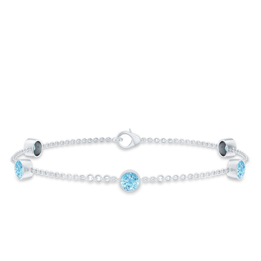 Real Aquamarine Station Chain Bracelet in Bezel Setting