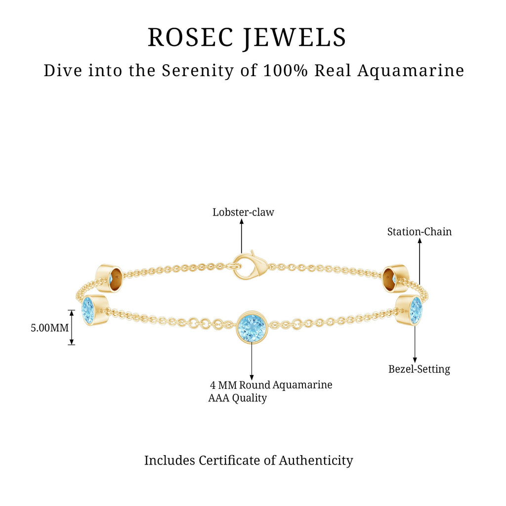 Real Aquamarine Station Chain Bracelet in Bezel Setting