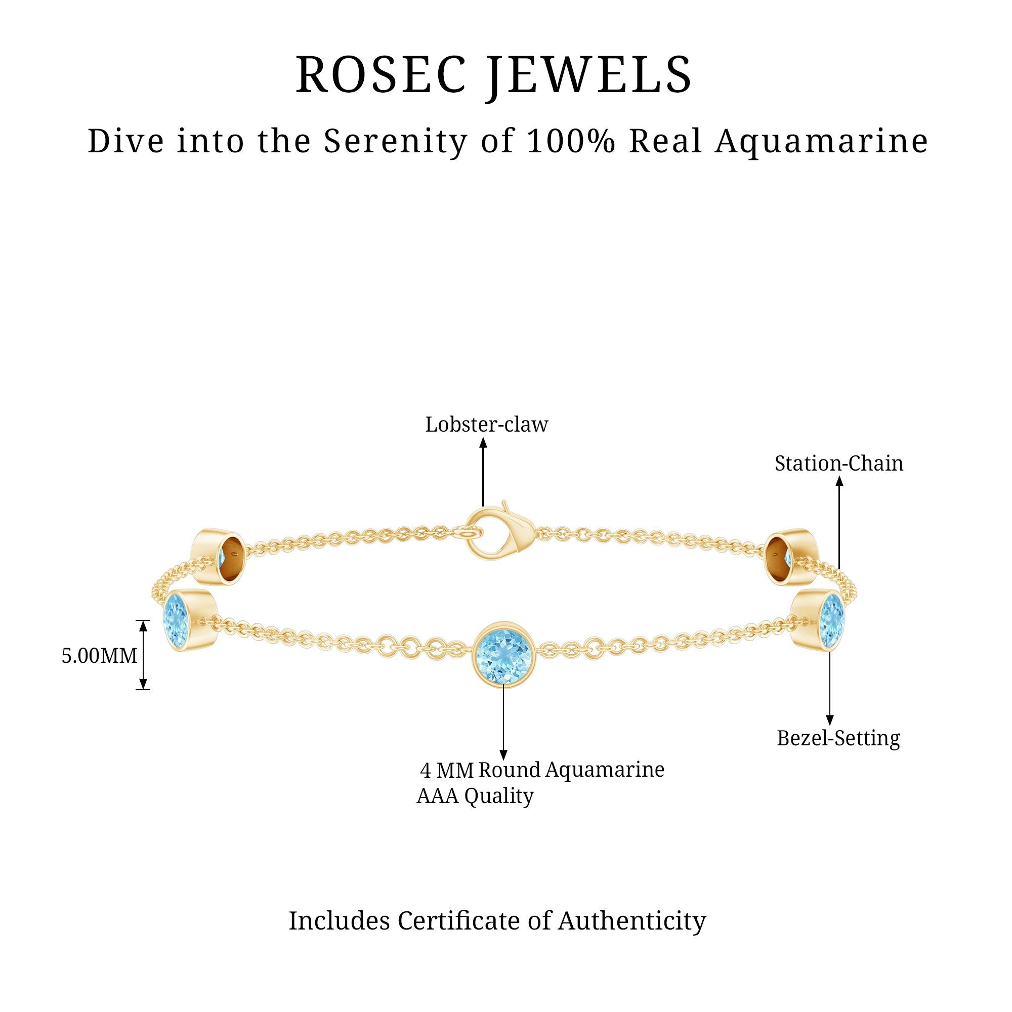 Real Aquamarine Station Chain Bracelet in Bezel Setting