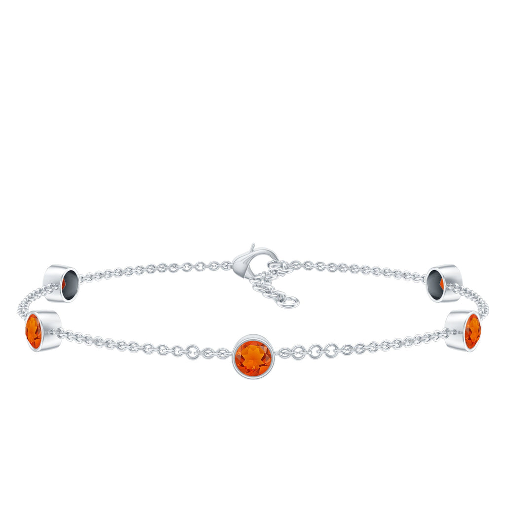 Real Fire Opal Five Stone Station Chain Bracelet in Bezel Setting