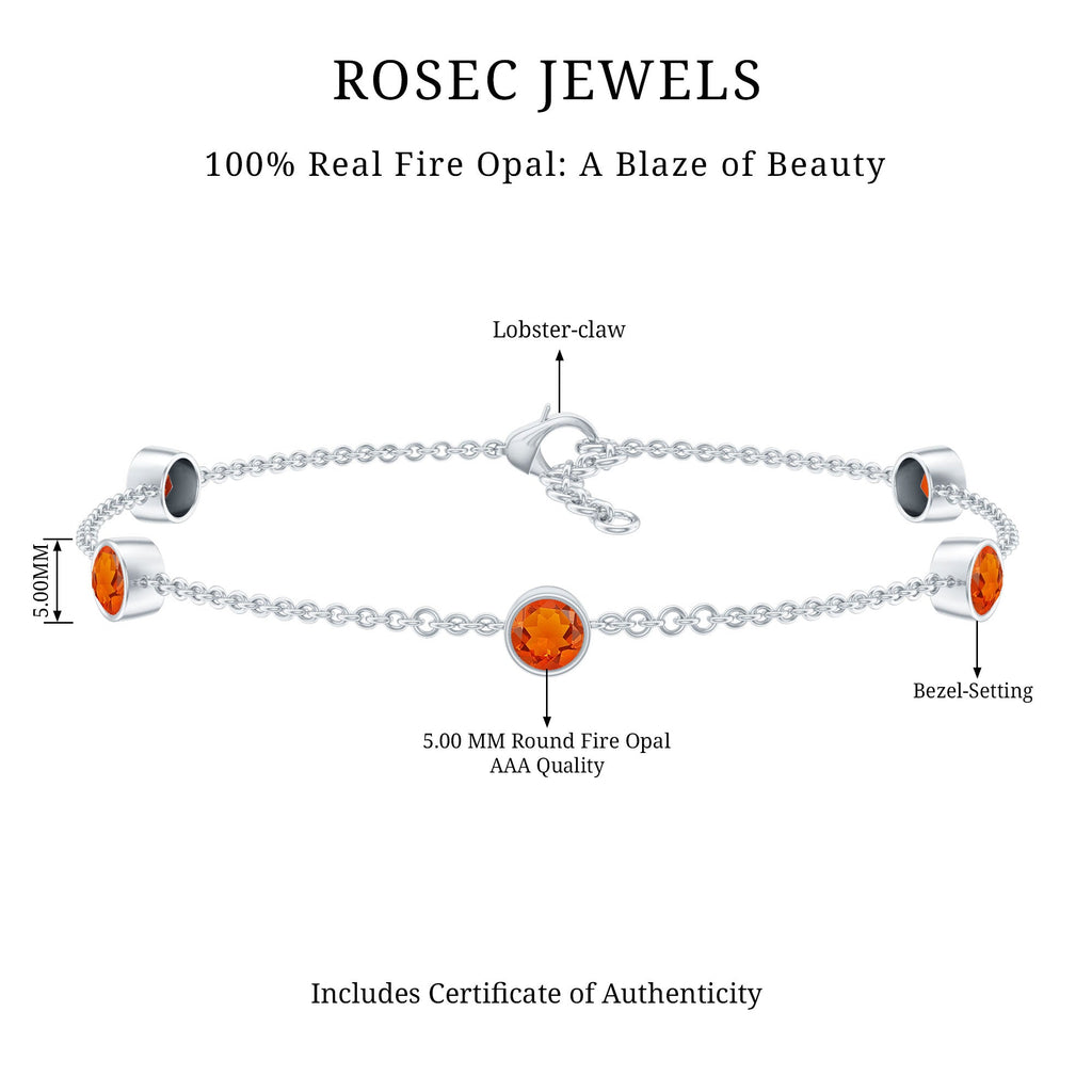 Real Fire Opal Five Stone Station Chain Bracelet in Bezel Setting