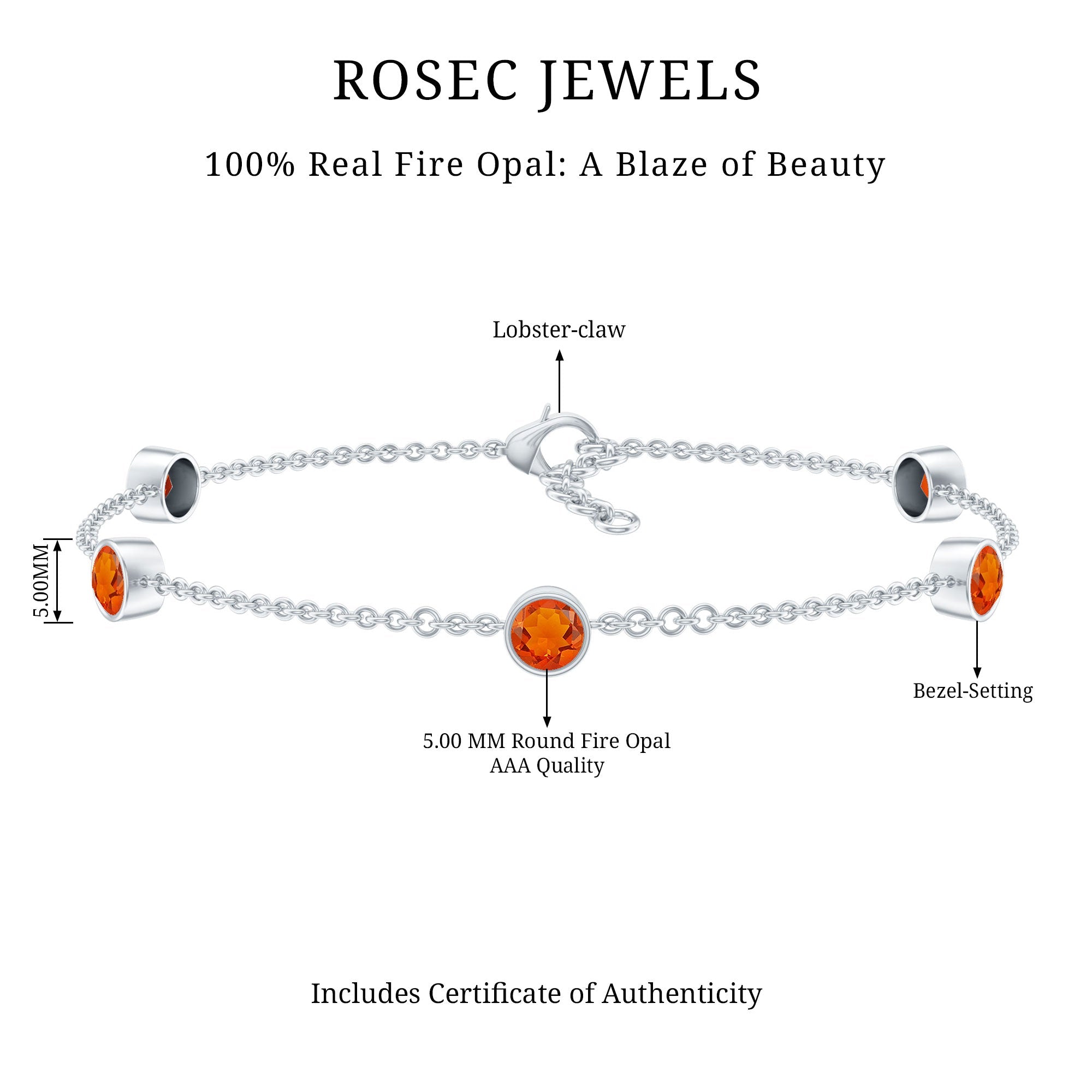 Real Fire Opal Five Stone Station Chain Bracelet in Bezel Setting