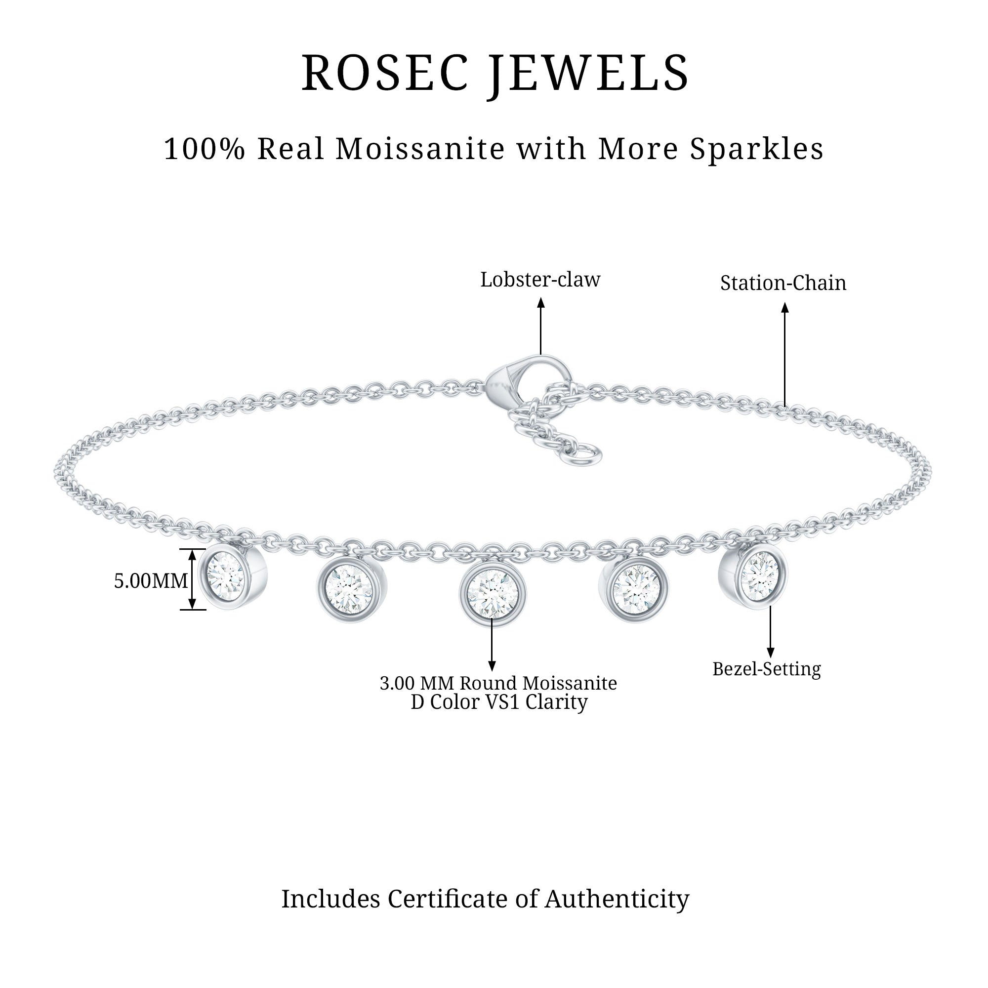 Certified Moissanite Five Stone Bracelet with Certificate