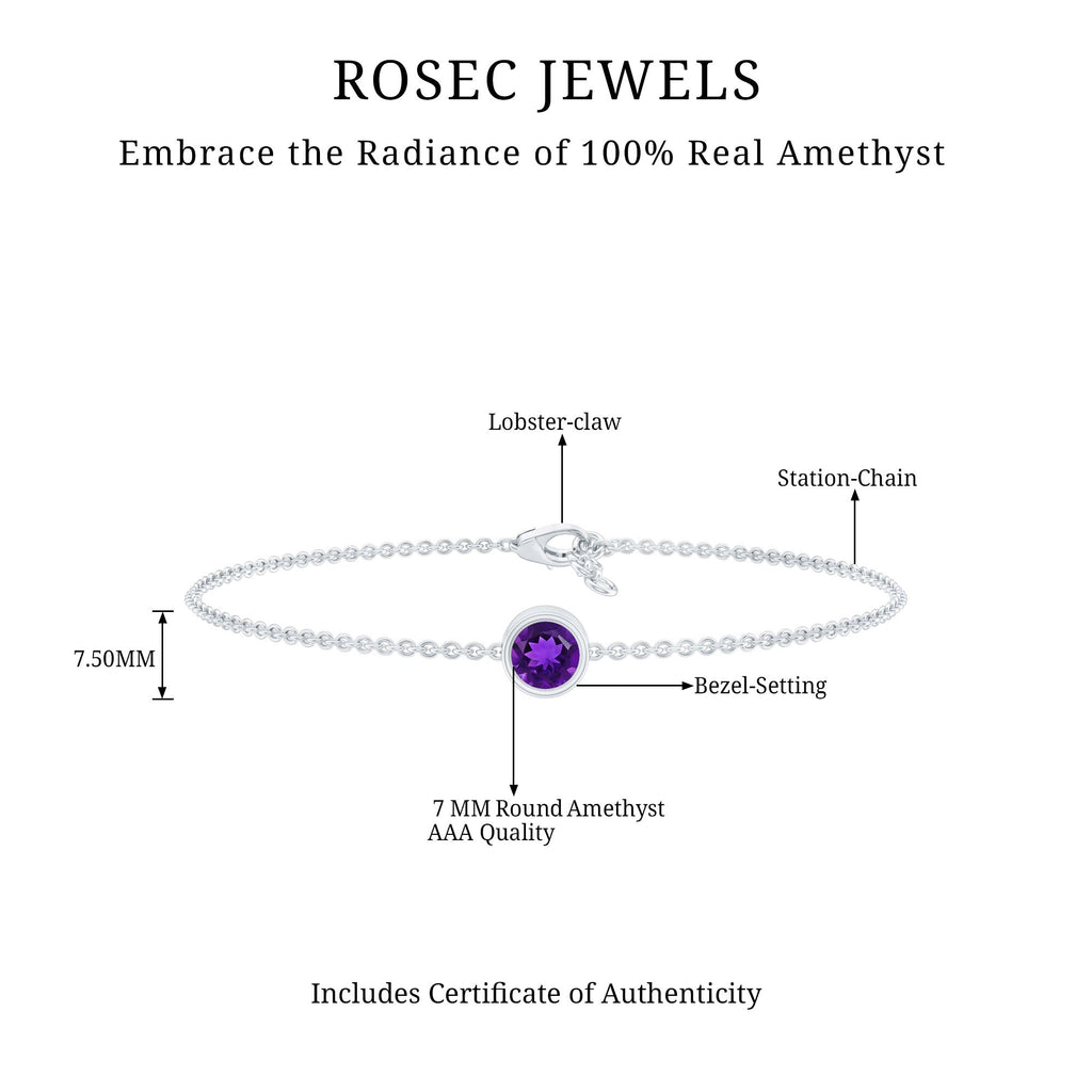 1.2 Carat Genuine Amethyst Solitaire Chain Bracelet in Bezel Set