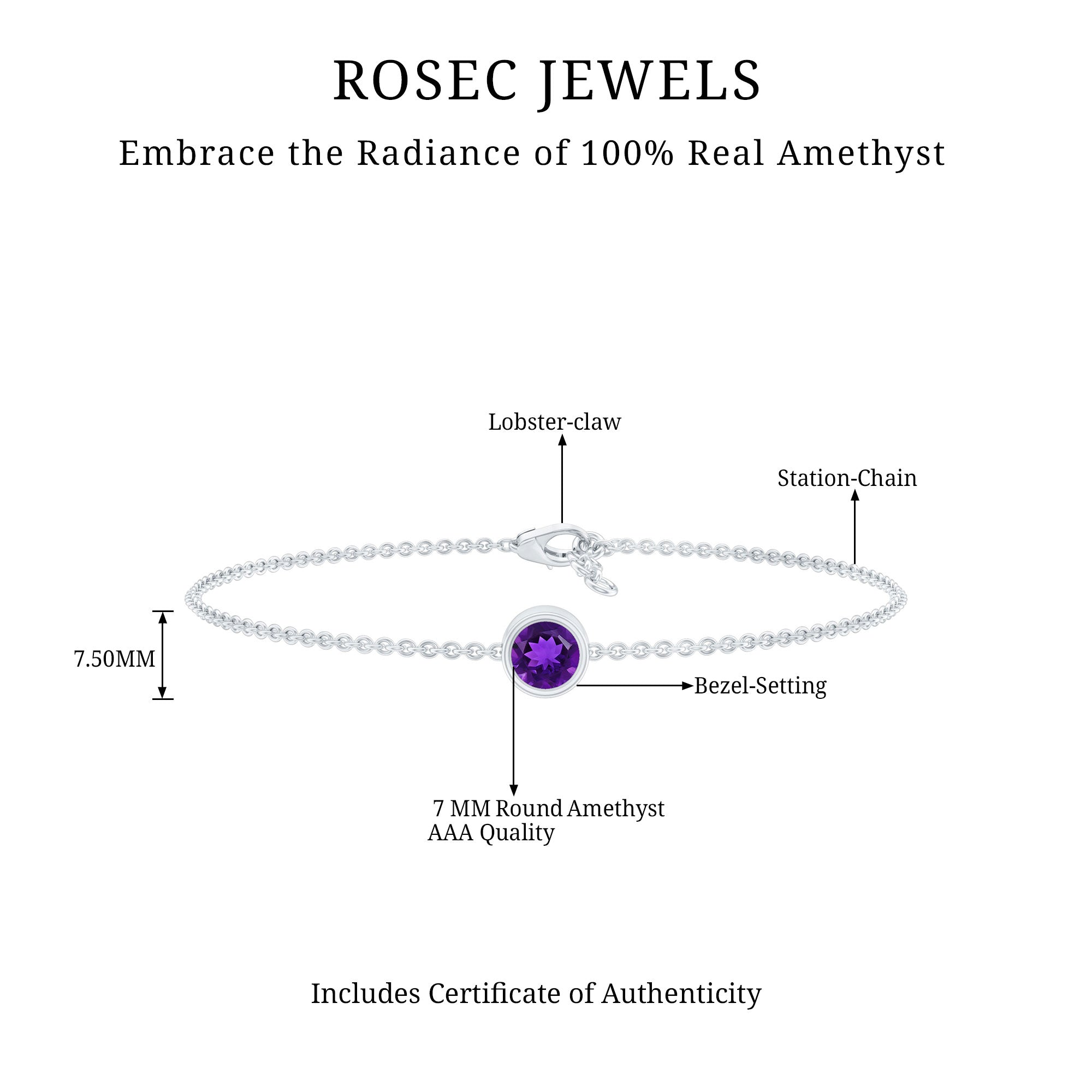 1.2 Carat Genuine Amethyst Solitaire Chain Bracelet in Bezel Set