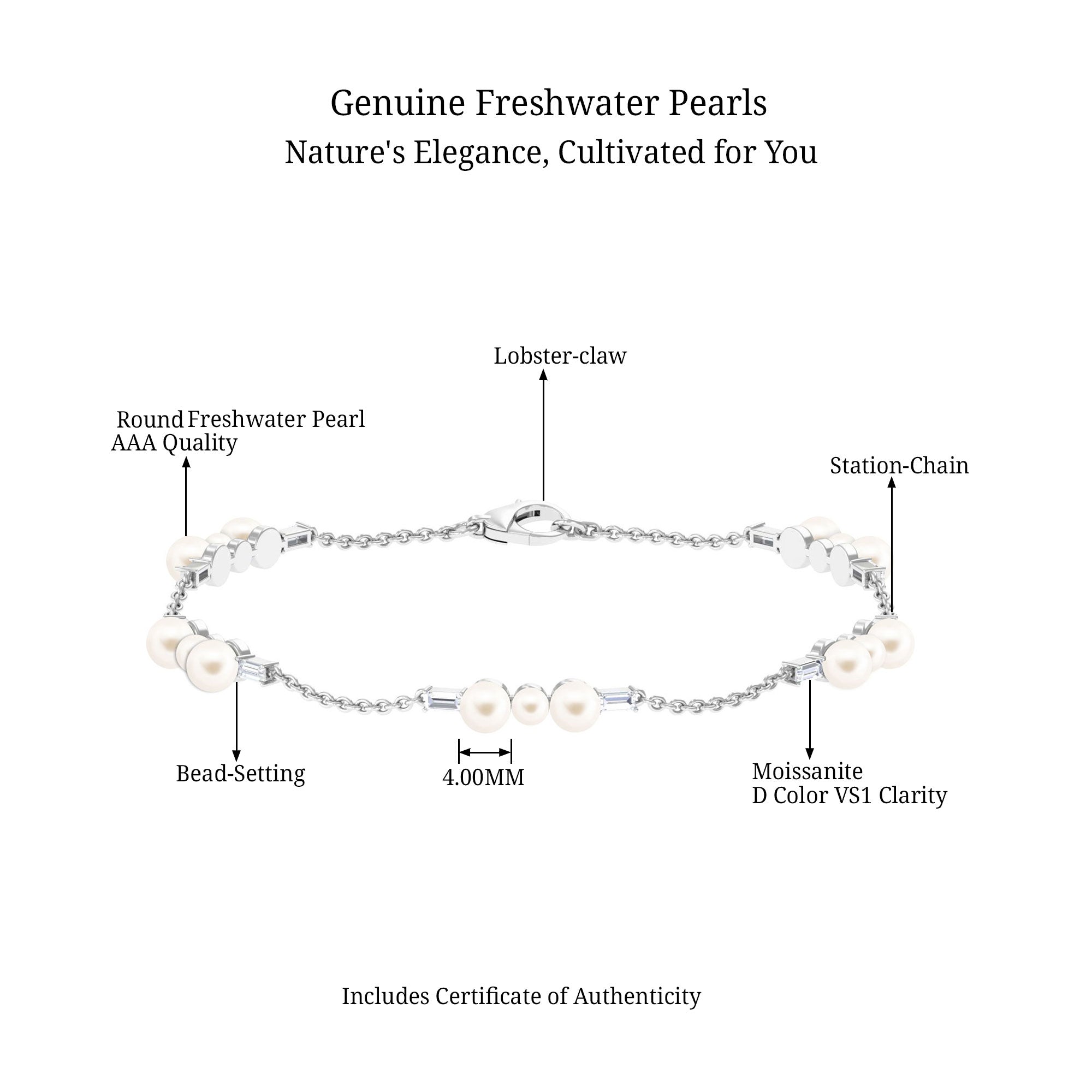 Certified Freshwater Pearl Station Bracelet with Moissanite
