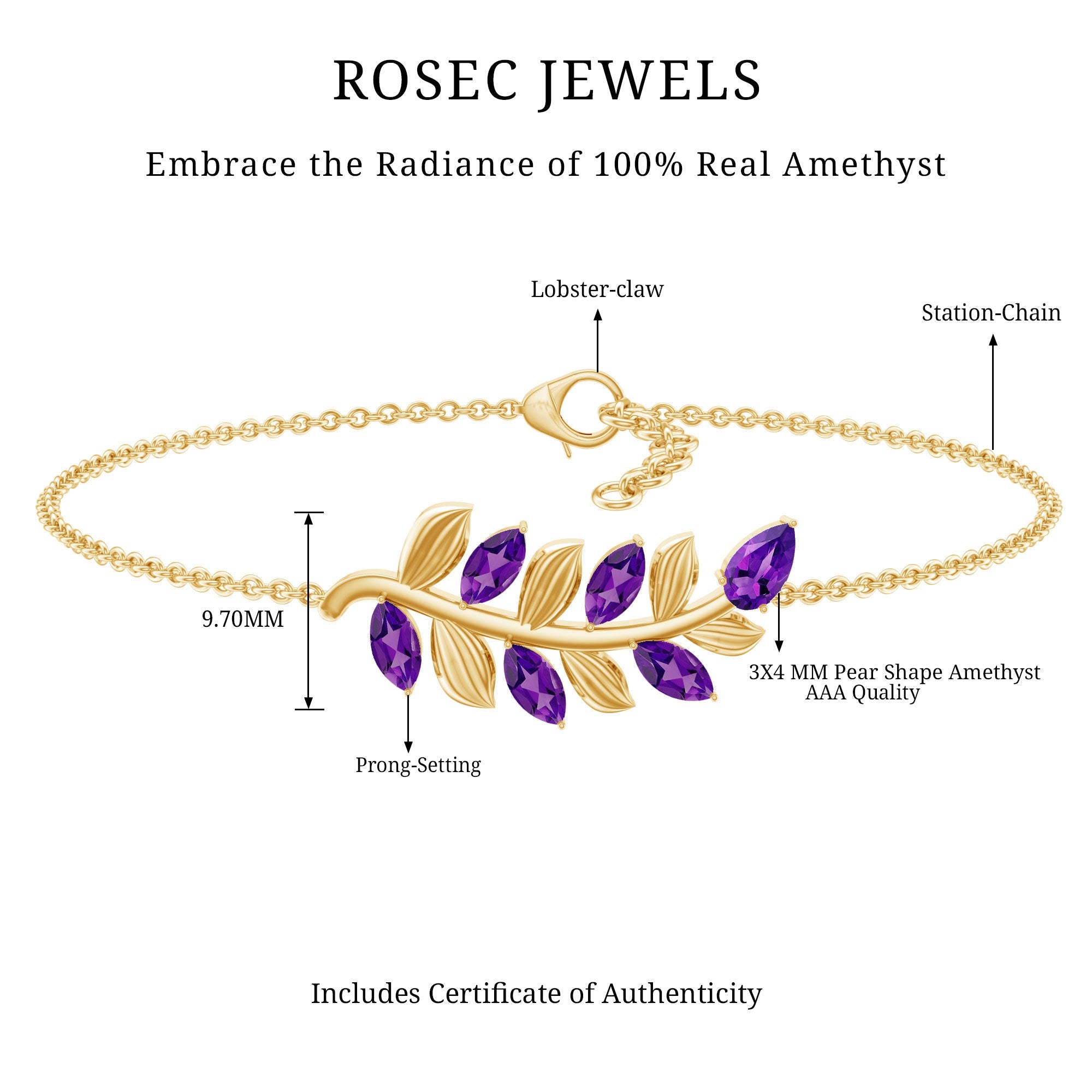 Natural Amethyst Leaf Bracelet with Certificate