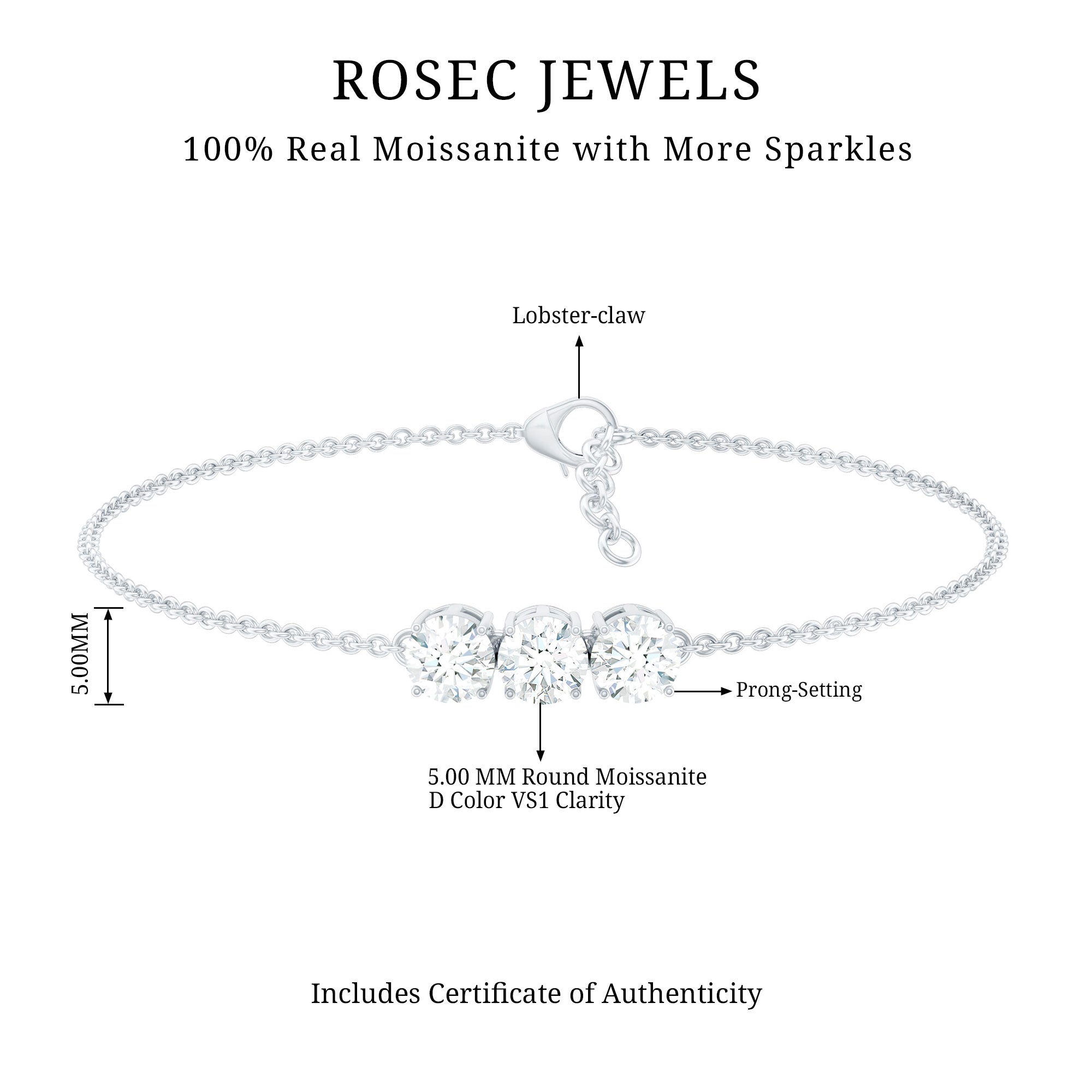 Three Stone Moissanite Chain Bracelet