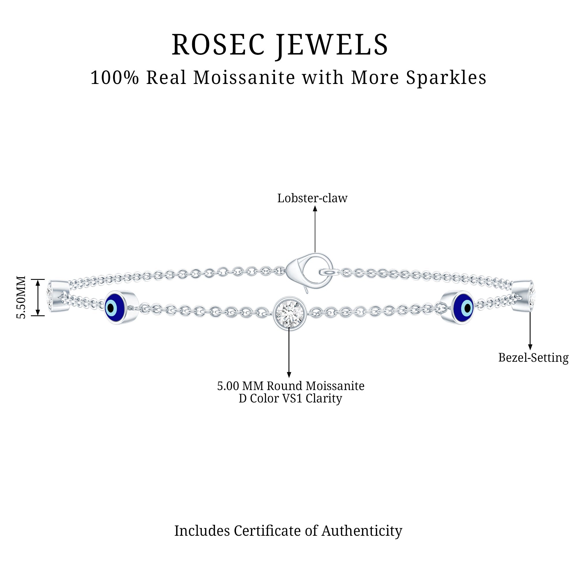 Certified Moissanite and Evil Eye Station Chain Bracelet