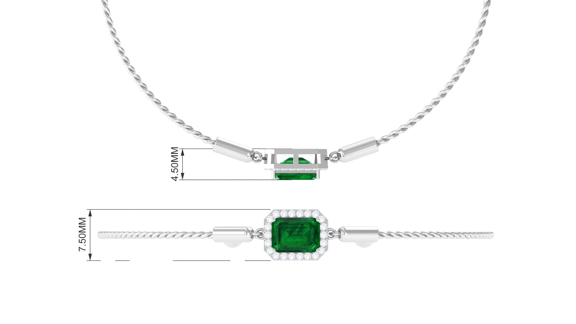 1.6 Carat Emerald Cut Lab Created Emerald Bolo Bracelet with Diamond Halo