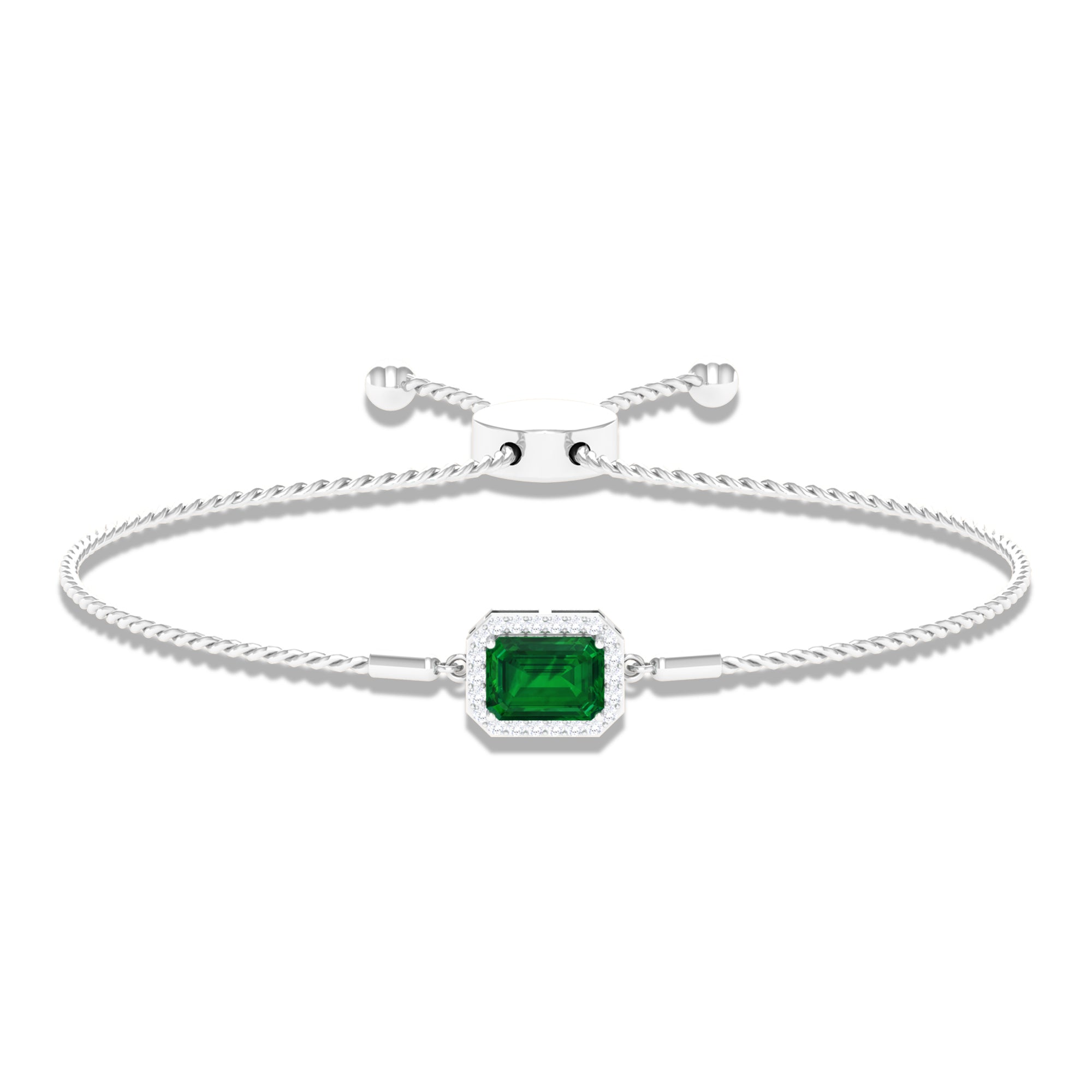 1.6 Carat Emerald Cut Lab Created Emerald Bolo Bracelet with Diamond Halo