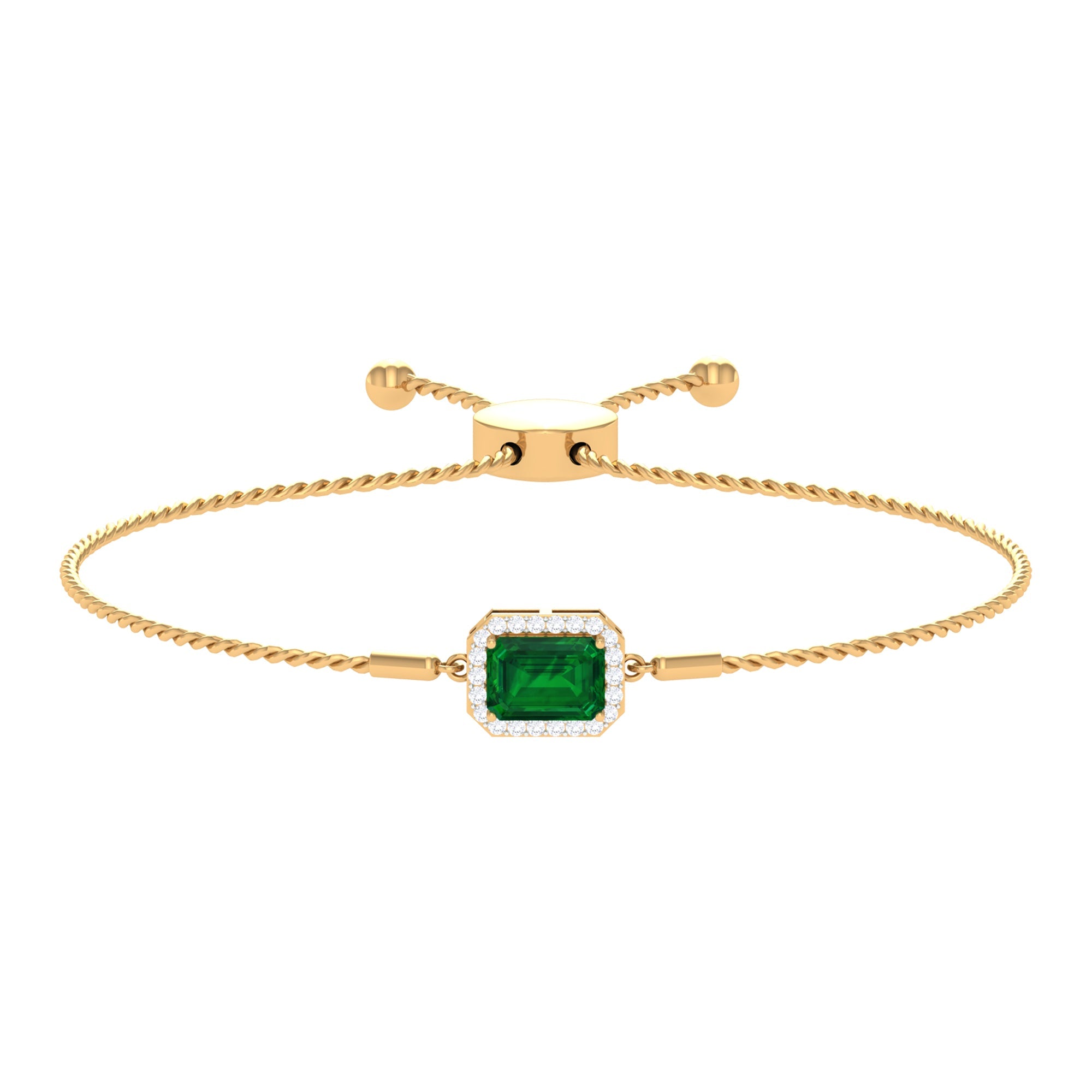 1.6 Carat Emerald Cut Lab Created Emerald Bolo Bracelet with Diamond Halo