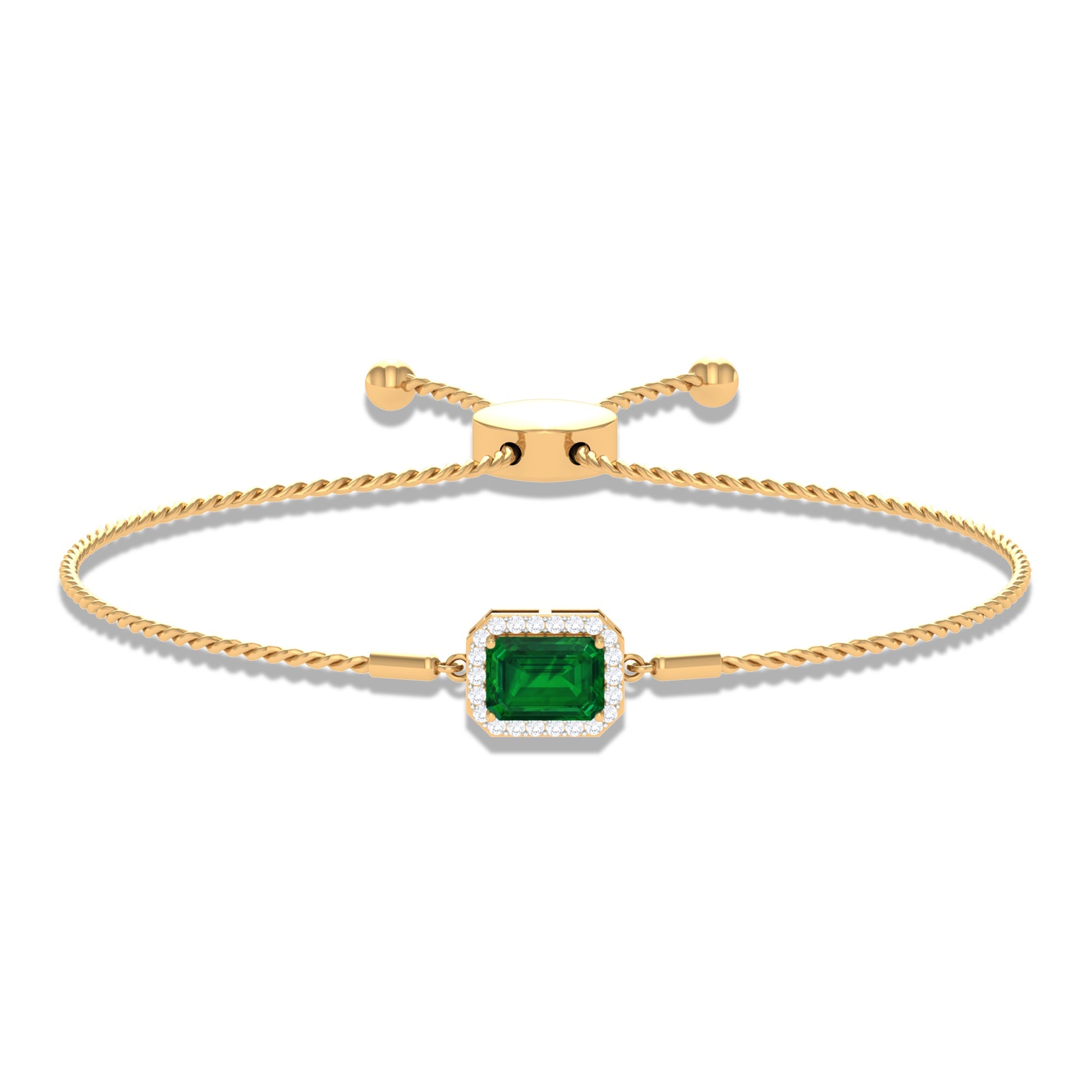 1.6 Carat Emerald Cut Lab Created Emerald Bolo Bracelet with Diamond Halo