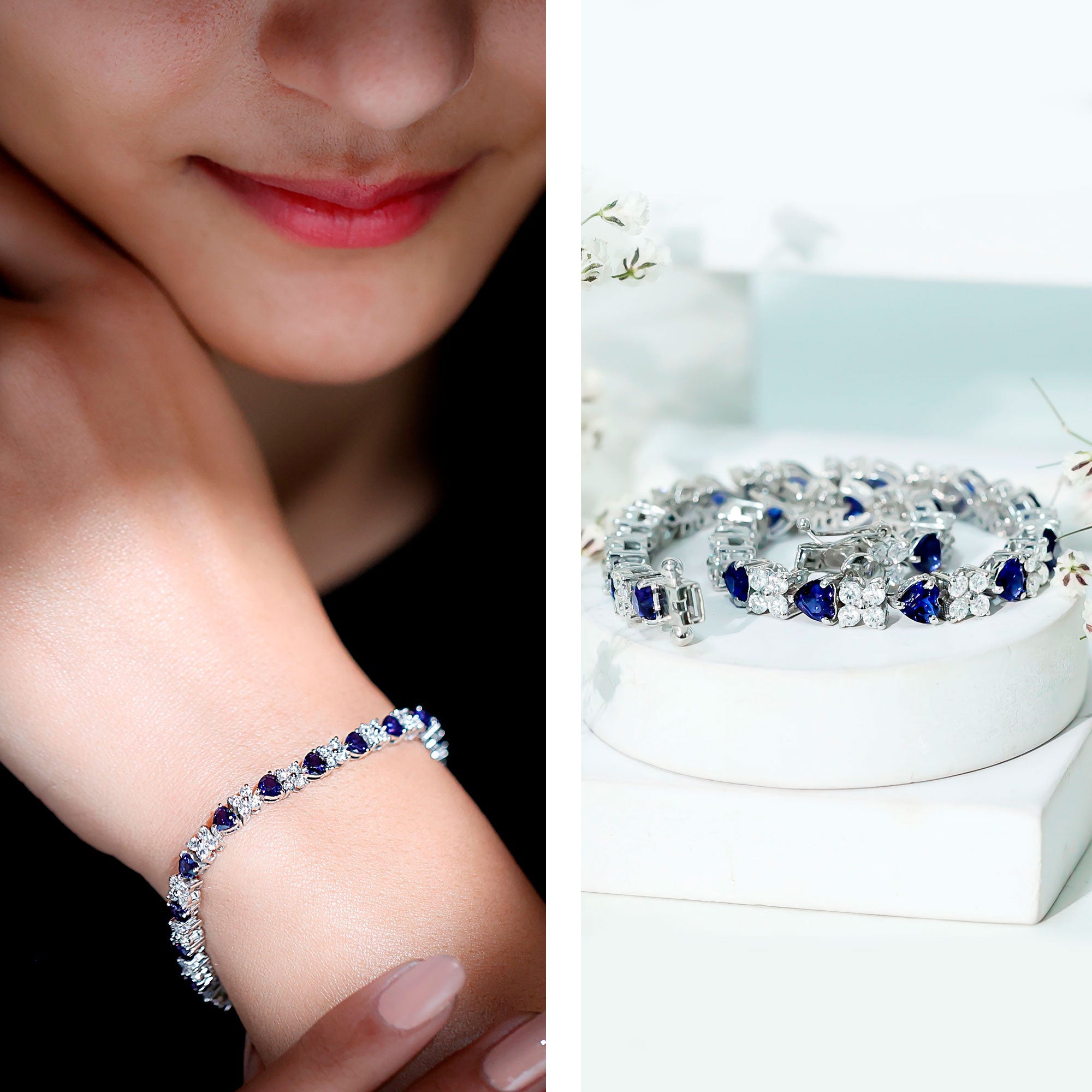 Certified Lab Grown Blue Sapphire Heart Tennis Bracelet with Moissanite