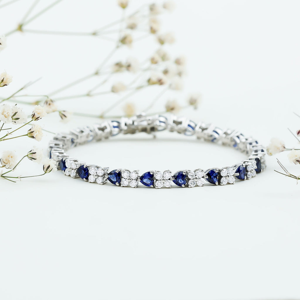 Certified Lab Grown Blue Sapphire Heart Tennis Bracelet with Moissanite