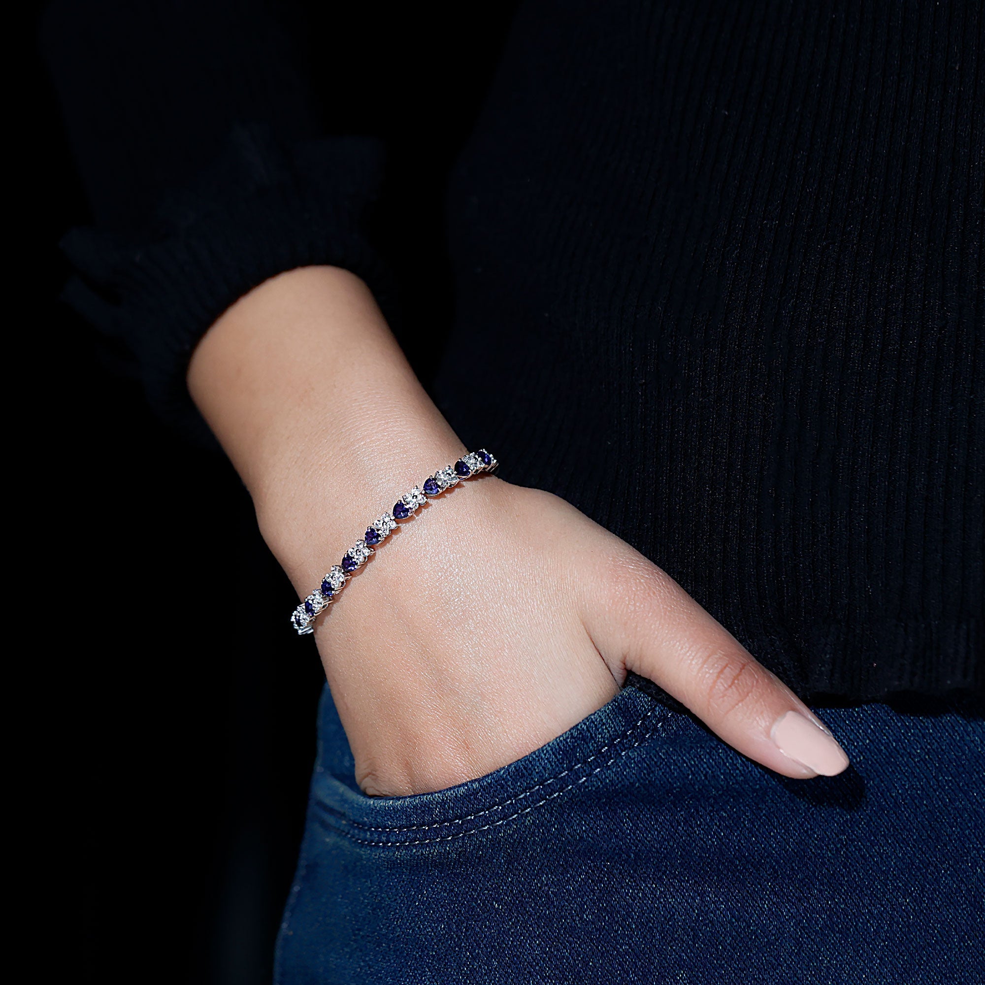 Certified Lab Grown Blue Sapphire Heart Tennis Bracelet with Moissanite