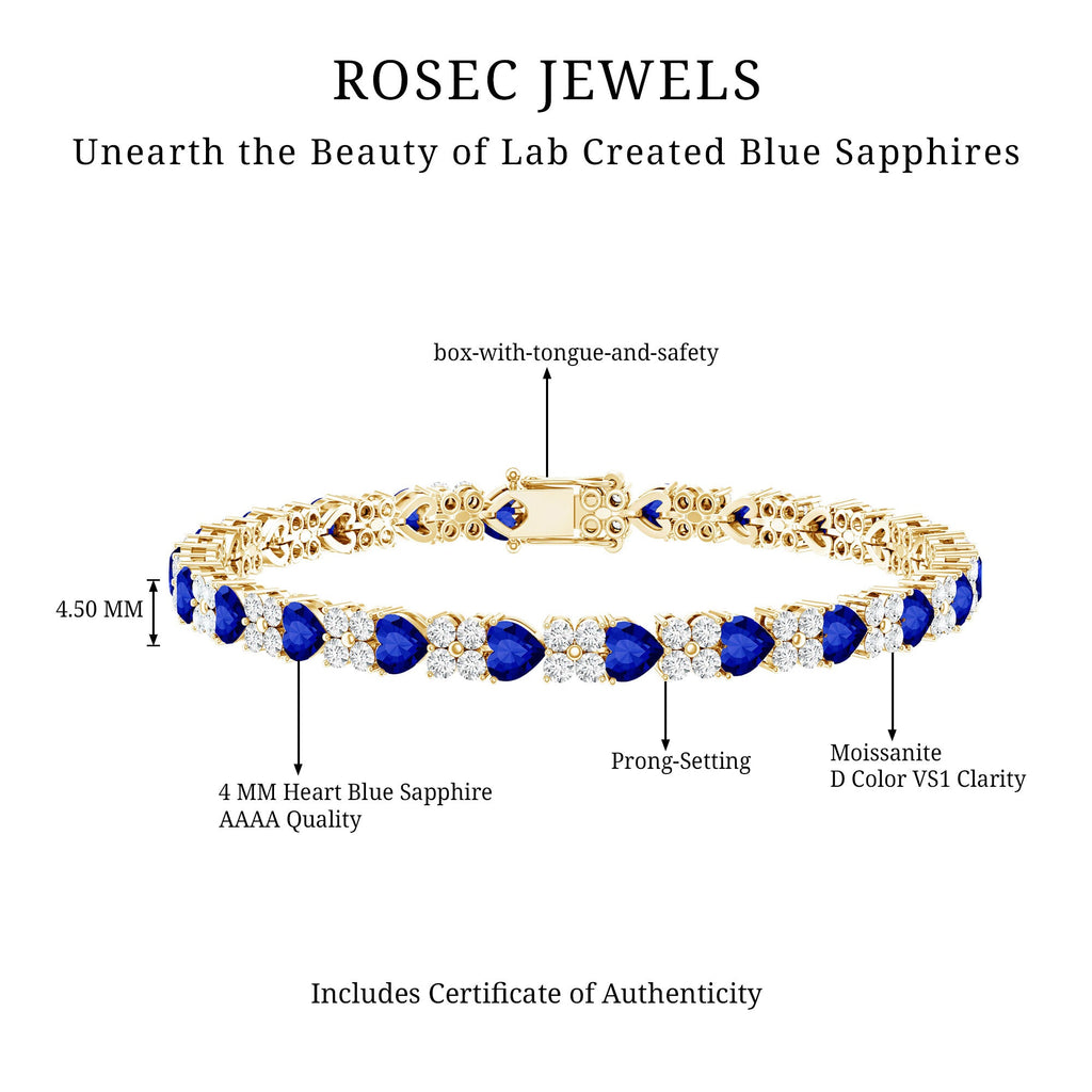 Certified Lab Grown Blue Sapphire Heart Tennis Bracelet with Moissanite