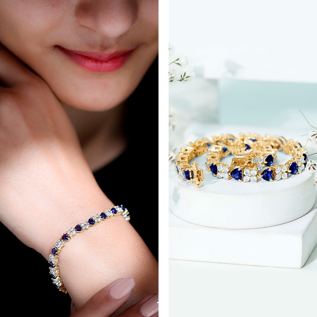 Certified Lab Grown Blue Sapphire Heart Tennis Bracelet with Moissanite