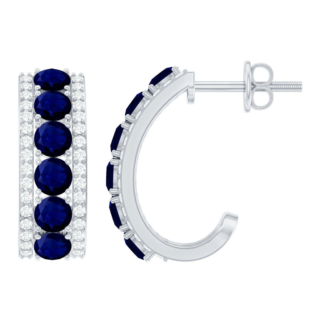 Real Blue Sapphire and Diamond Half Hoop Earrings
