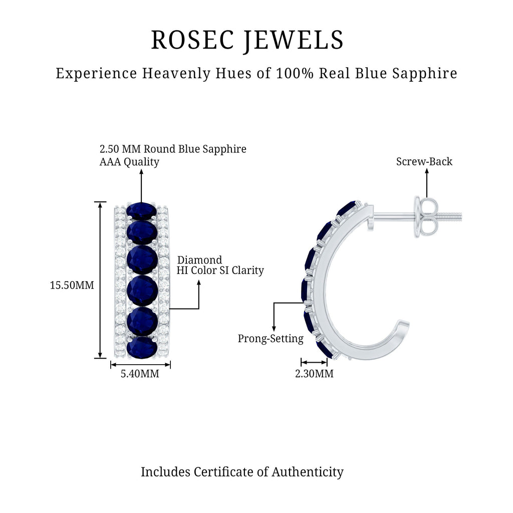 Real Blue Sapphire and Diamond Half Hoop Earrings
