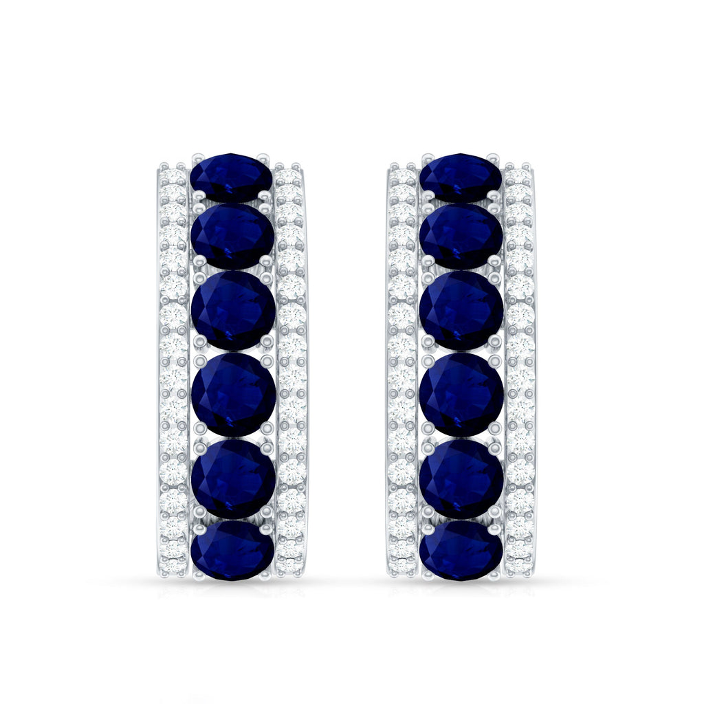 Real Blue Sapphire and Diamond Half Hoop Earrings