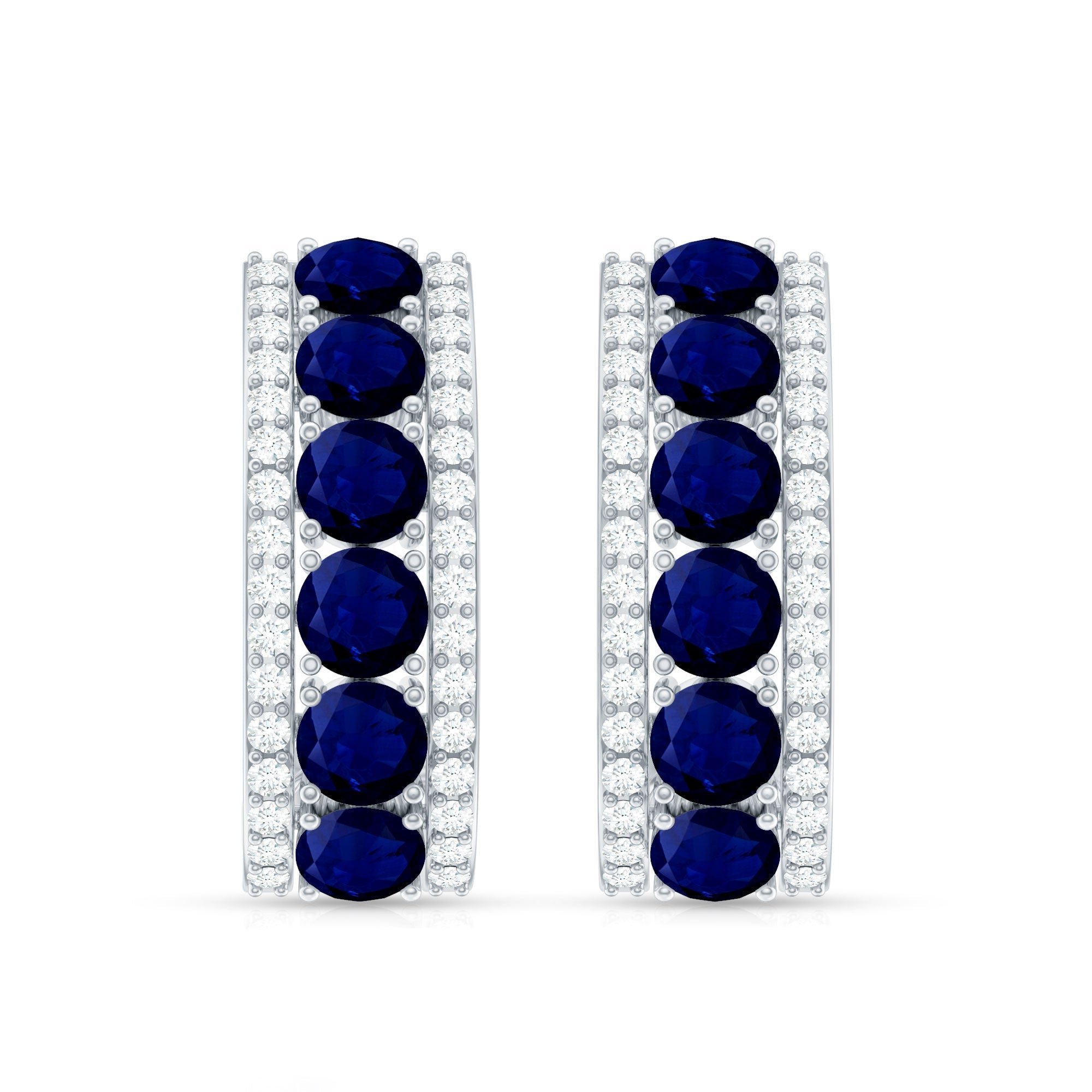 Real Blue Sapphire and Diamond Half Hoop Earrings