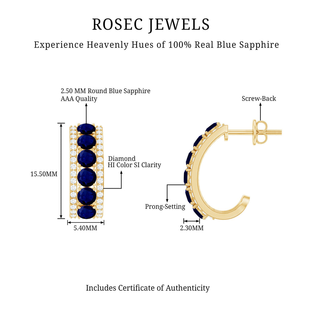 Real Blue Sapphire and Diamond Half Hoop Earrings