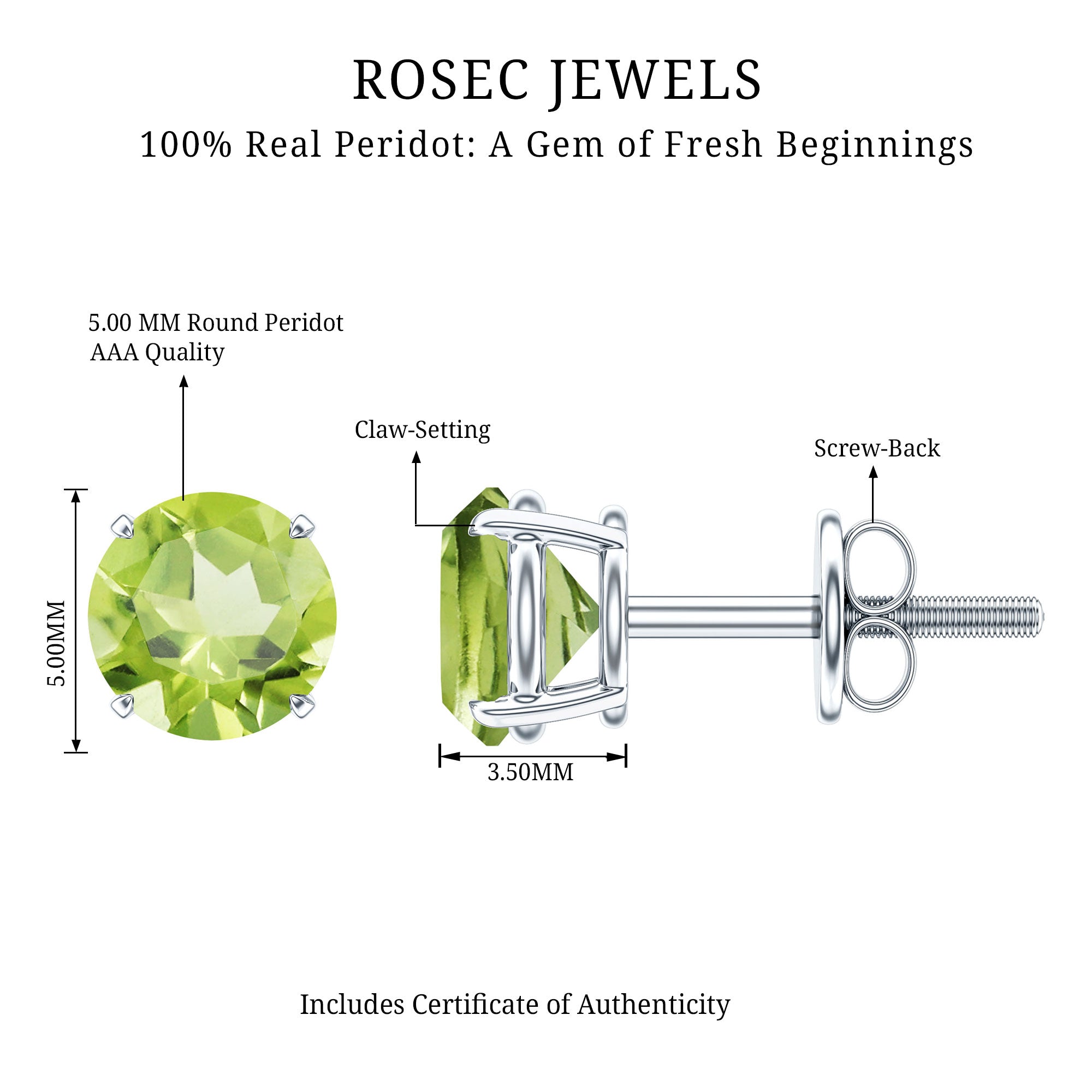 Natural 1 Carat Peridot Stud Earrings with Screw Back
