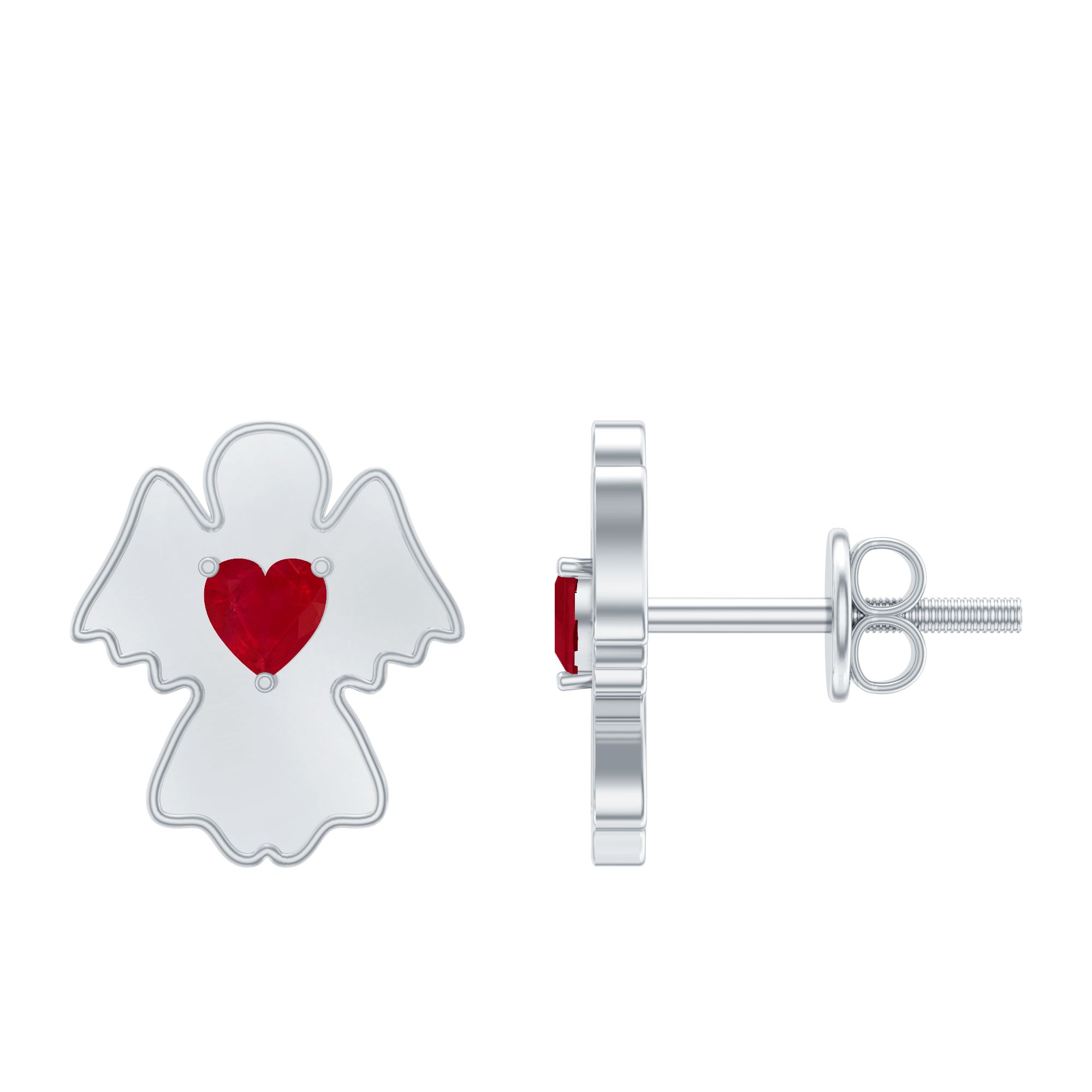 Heart Shape Ruby Angel Stud Earrings with Screw on Back