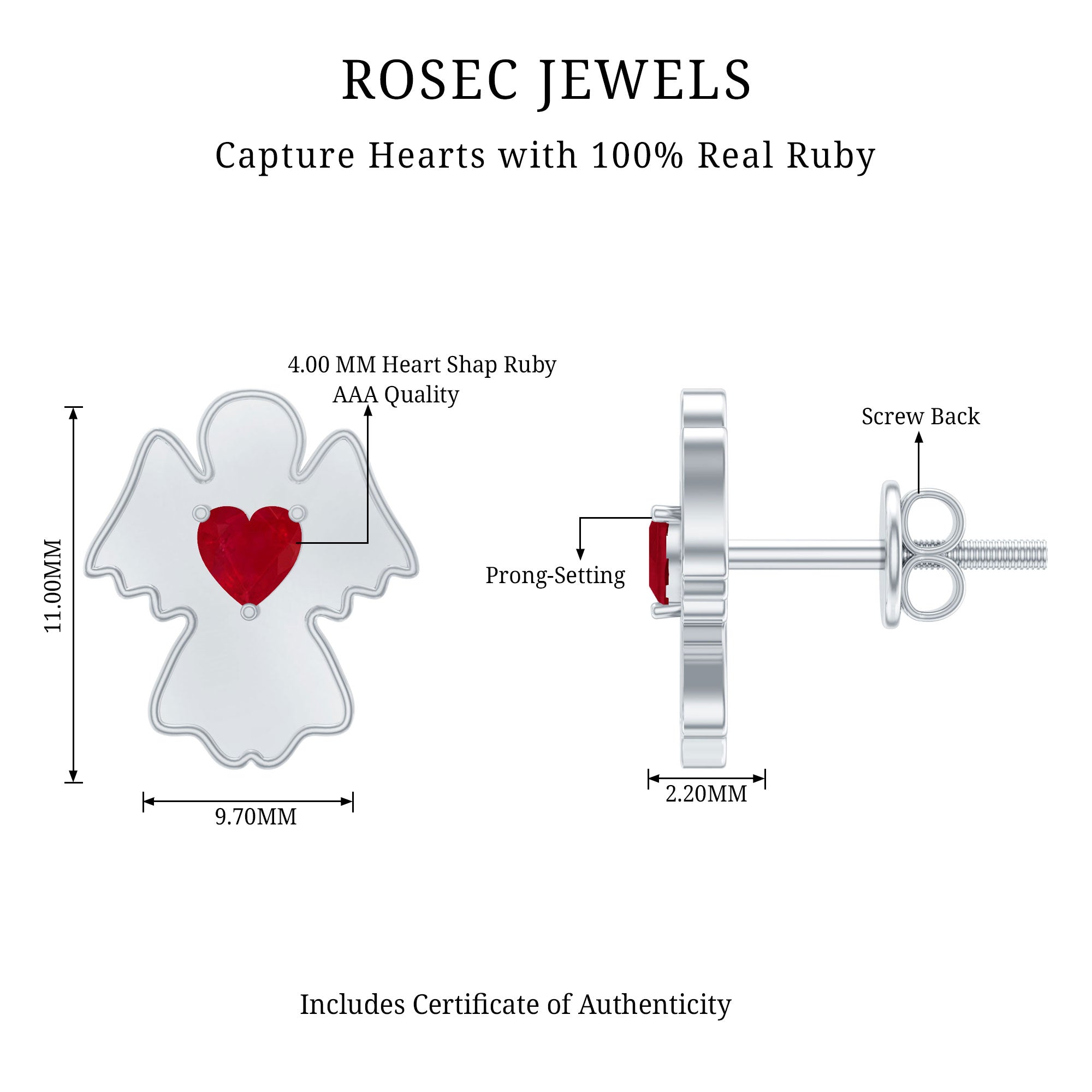 Heart Shape Ruby Angel Stud Earrings with Screw on Back