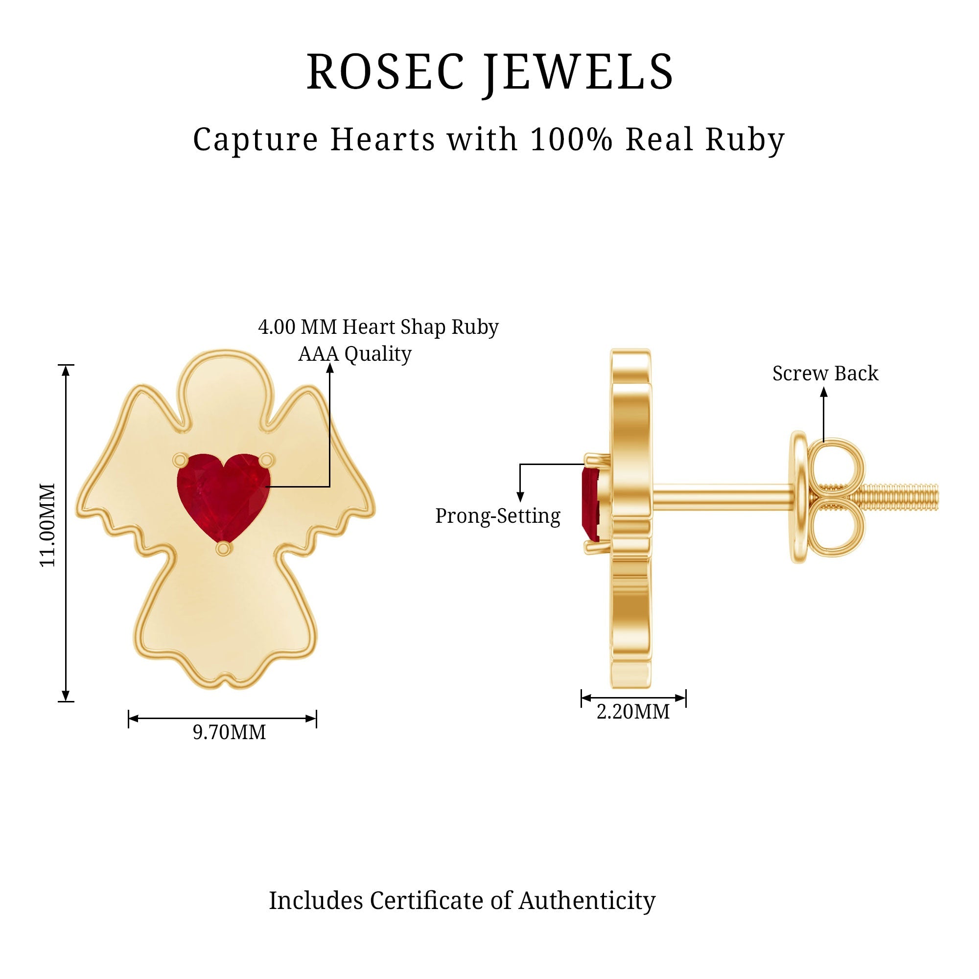 Heart Shape Ruby Angel Stud Earrings with Screw on Back