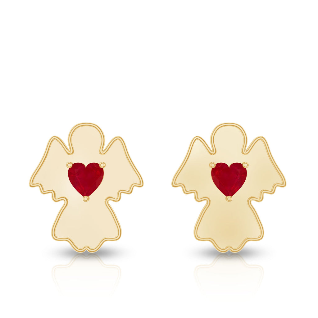 Heart Shape Ruby Angel Stud Earrings with Screw on Back
