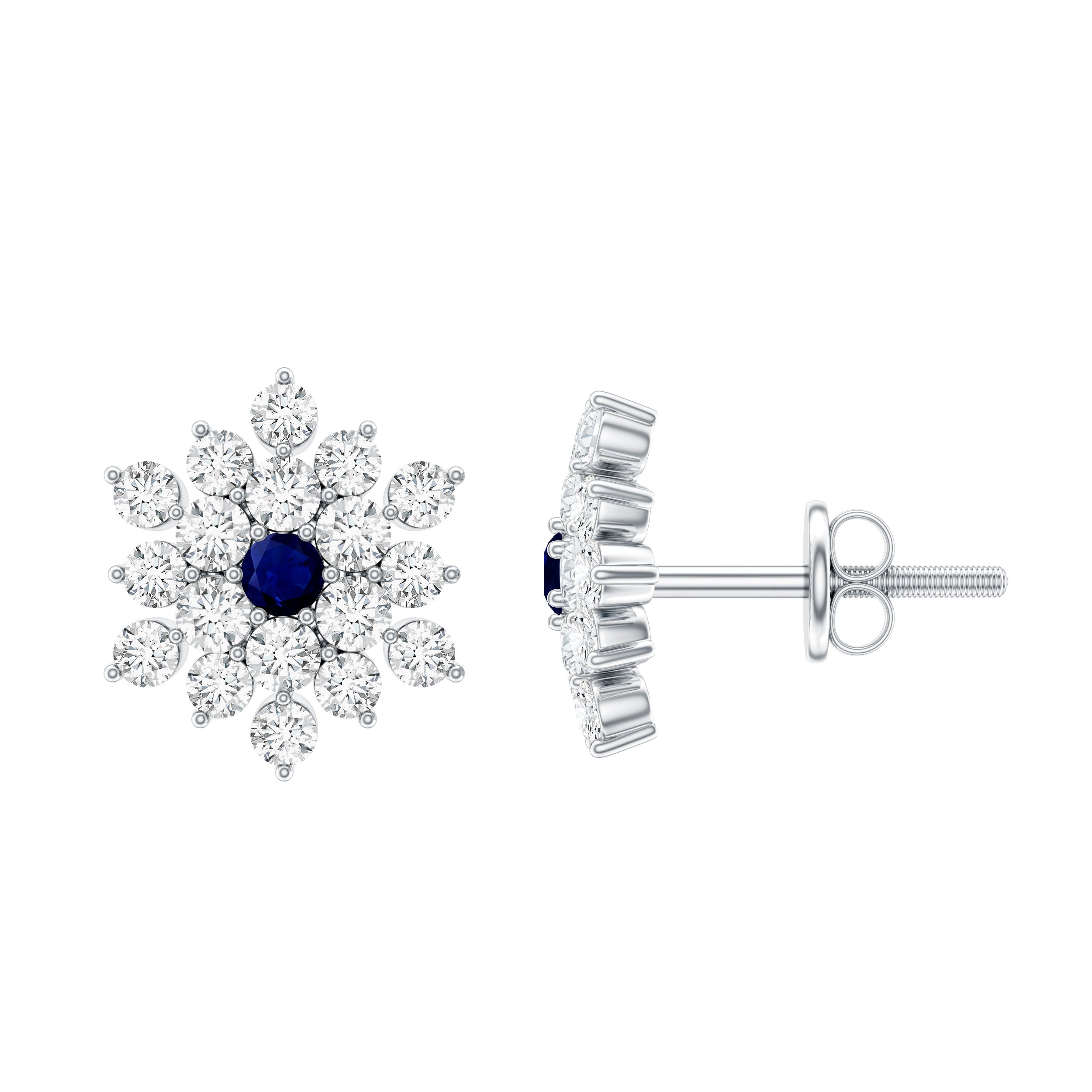 Real Blue Sapphire and Diamond Floral Cluster Stud Earrings