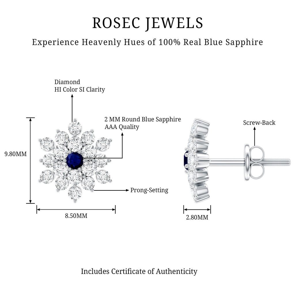 Real Blue Sapphire and Diamond Floral Cluster Stud Earrings