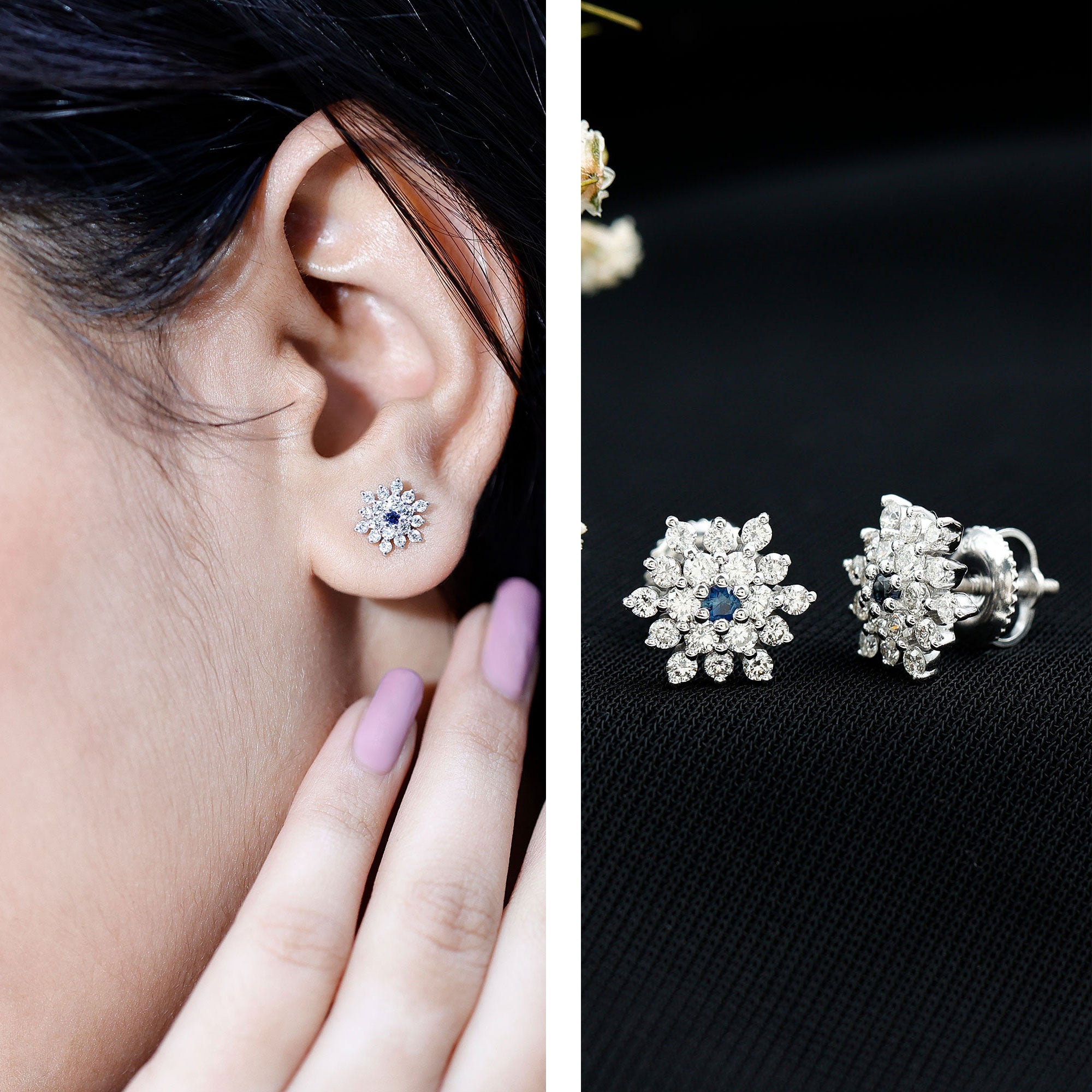 Real Blue Sapphire and Diamond Floral Cluster Stud Earrings