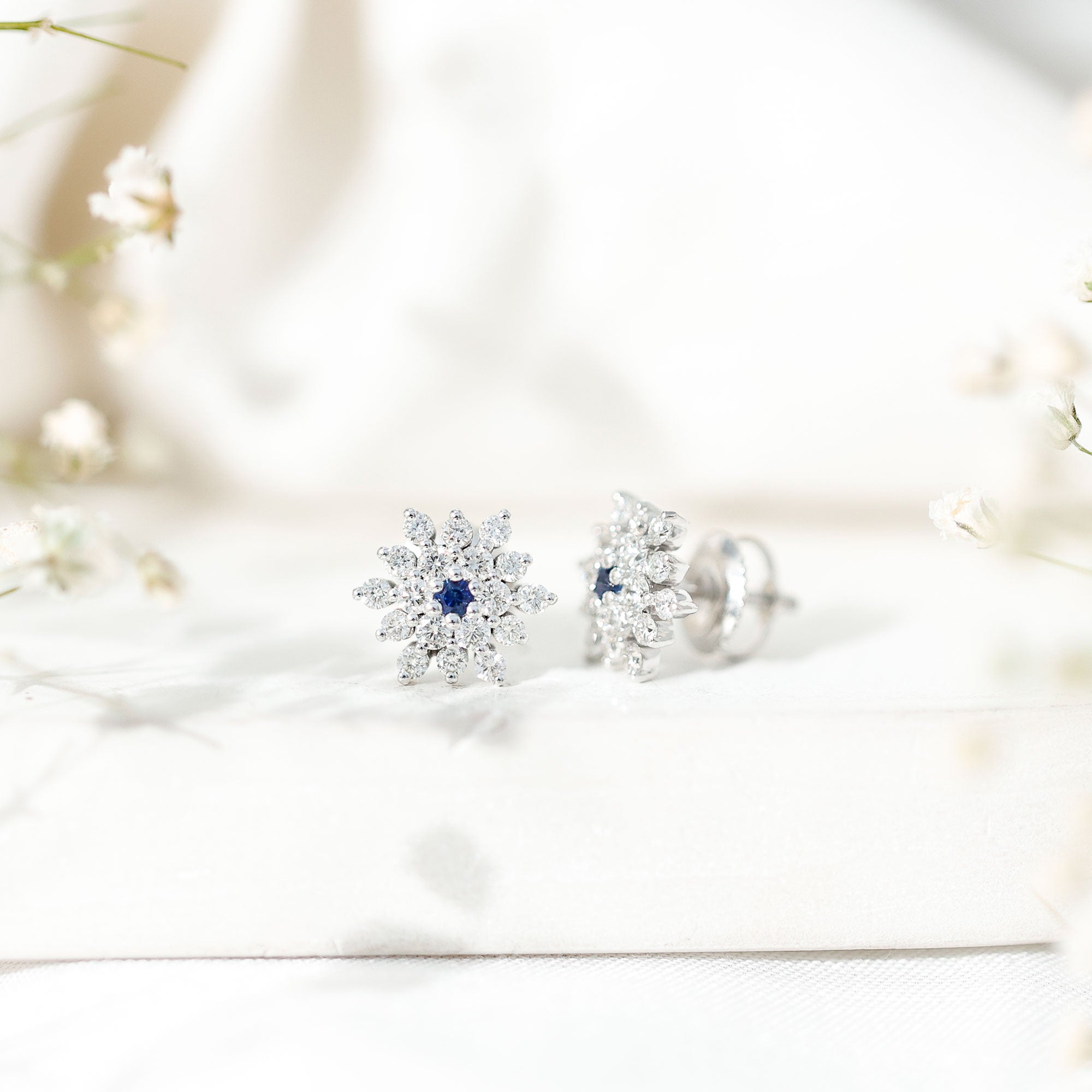 Real Blue Sapphire and Diamond Floral Cluster Stud Earrings