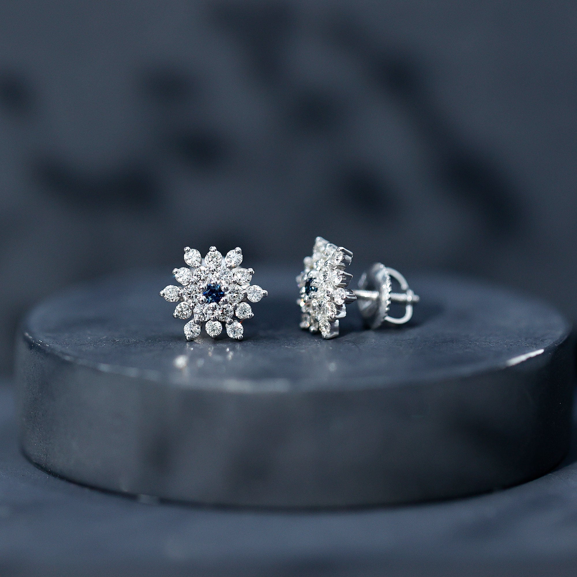 Real Blue Sapphire and Diamond Floral Cluster Stud Earrings
