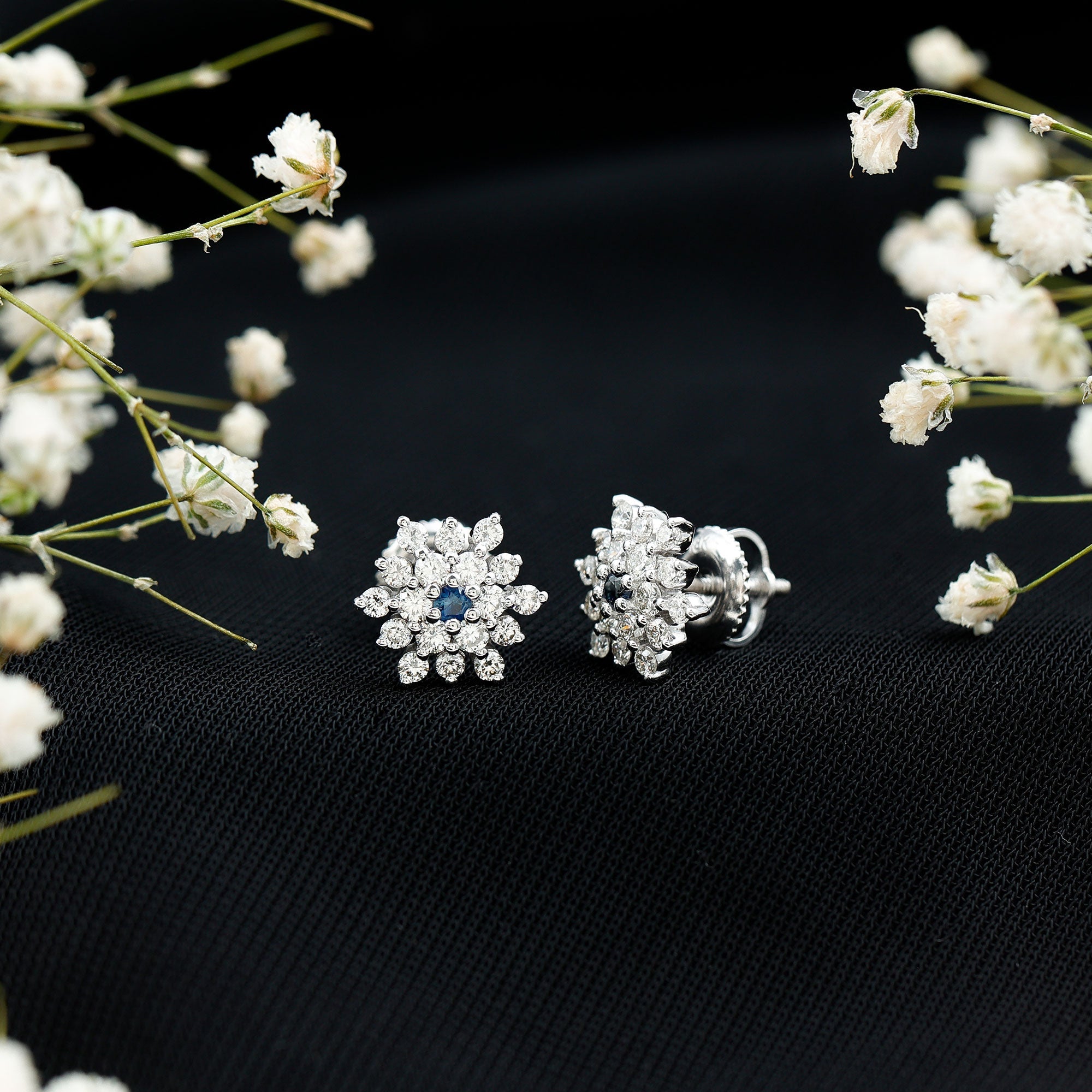 Real Blue Sapphire and Diamond Floral Cluster Stud Earrings
