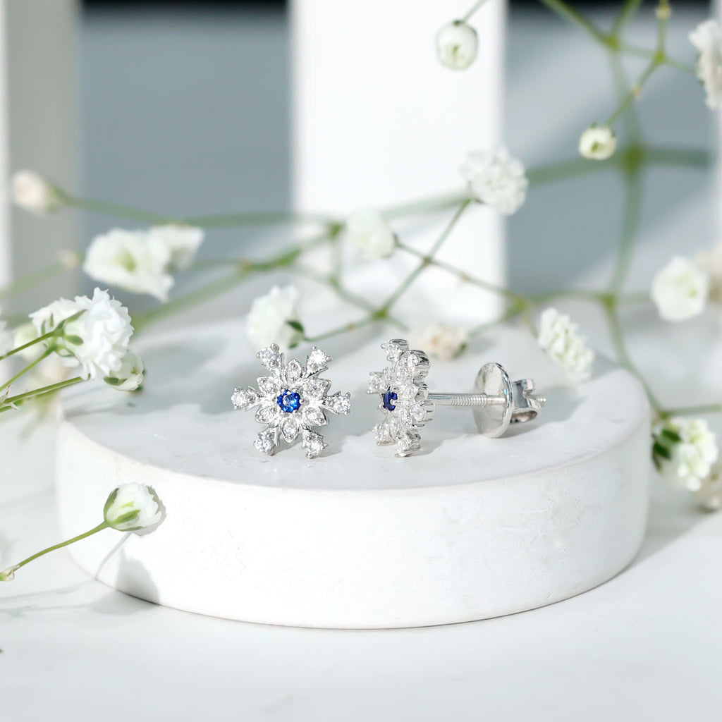 Created Blue Sapphire Snowflake Stud Earrings with Moissanite