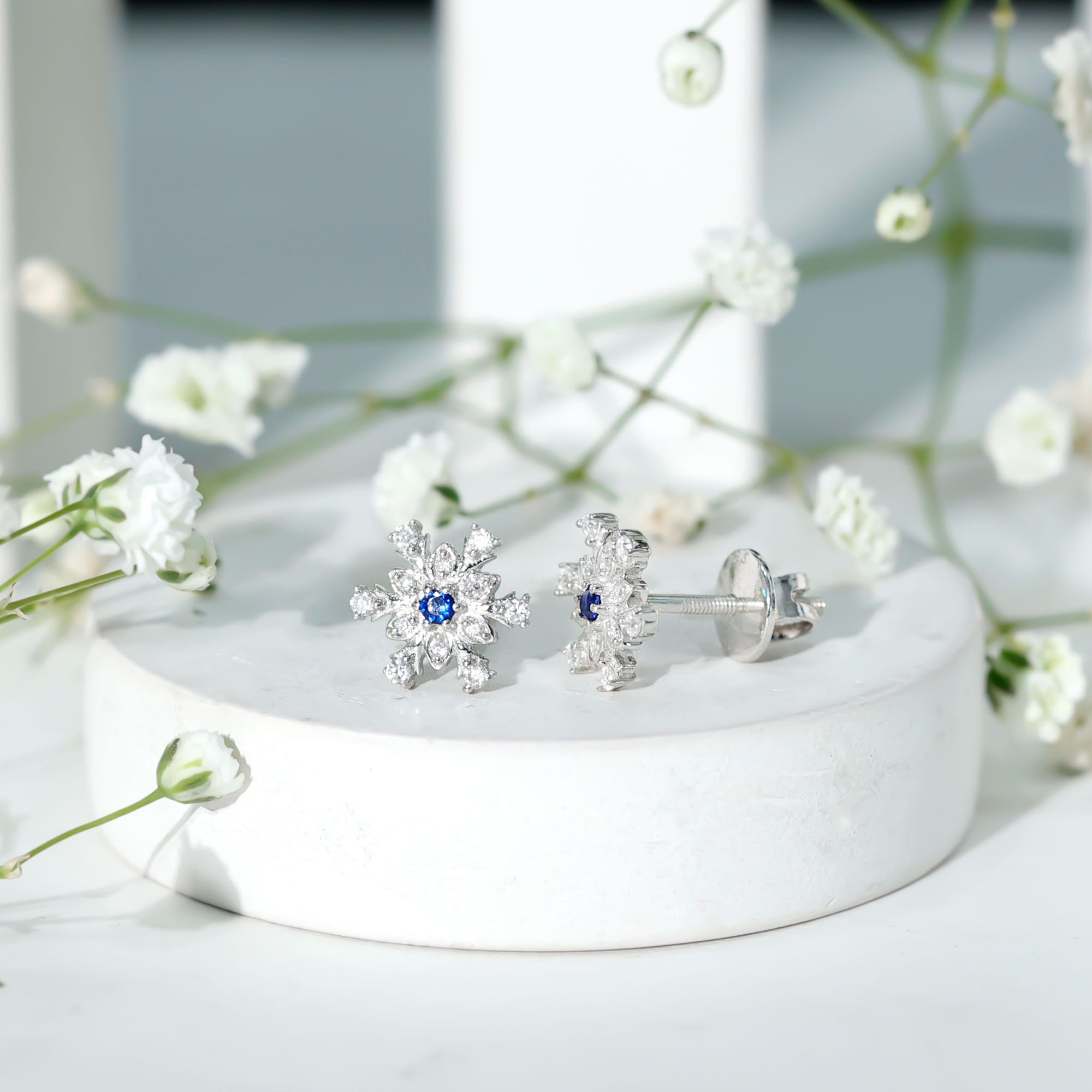 Created Blue Sapphire Snowflake Stud Earrings with Moissanite