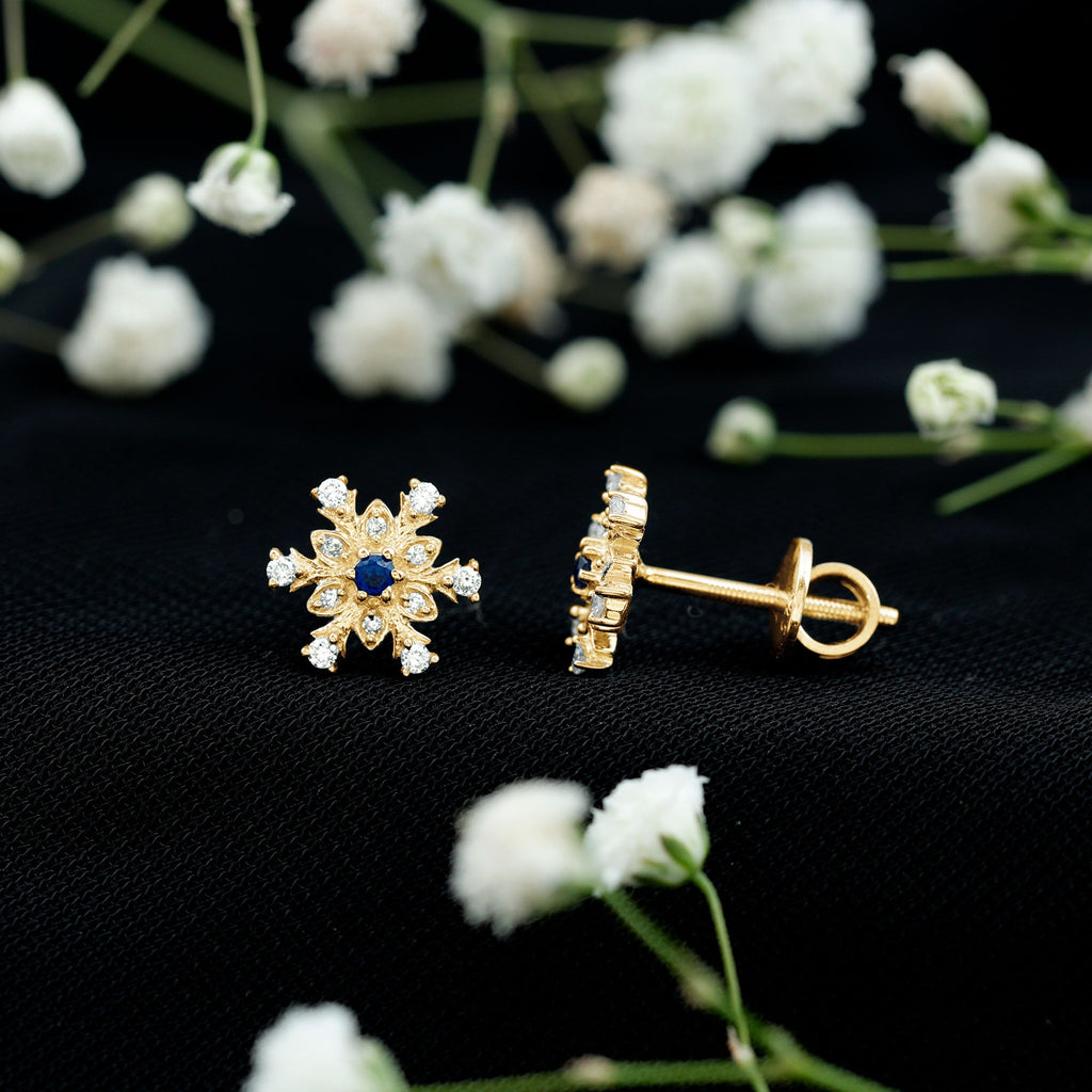 Created Blue Sapphire Snowflake Stud Earrings with Moissanite