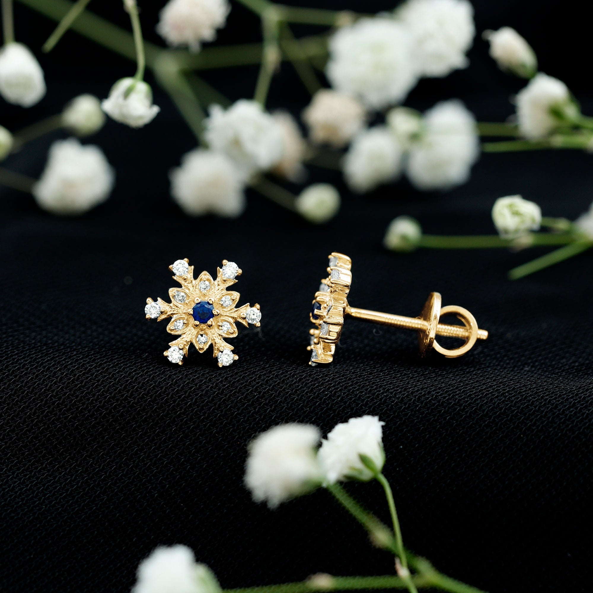Created Blue Sapphire Snowflake Stud Earrings with Moissanite