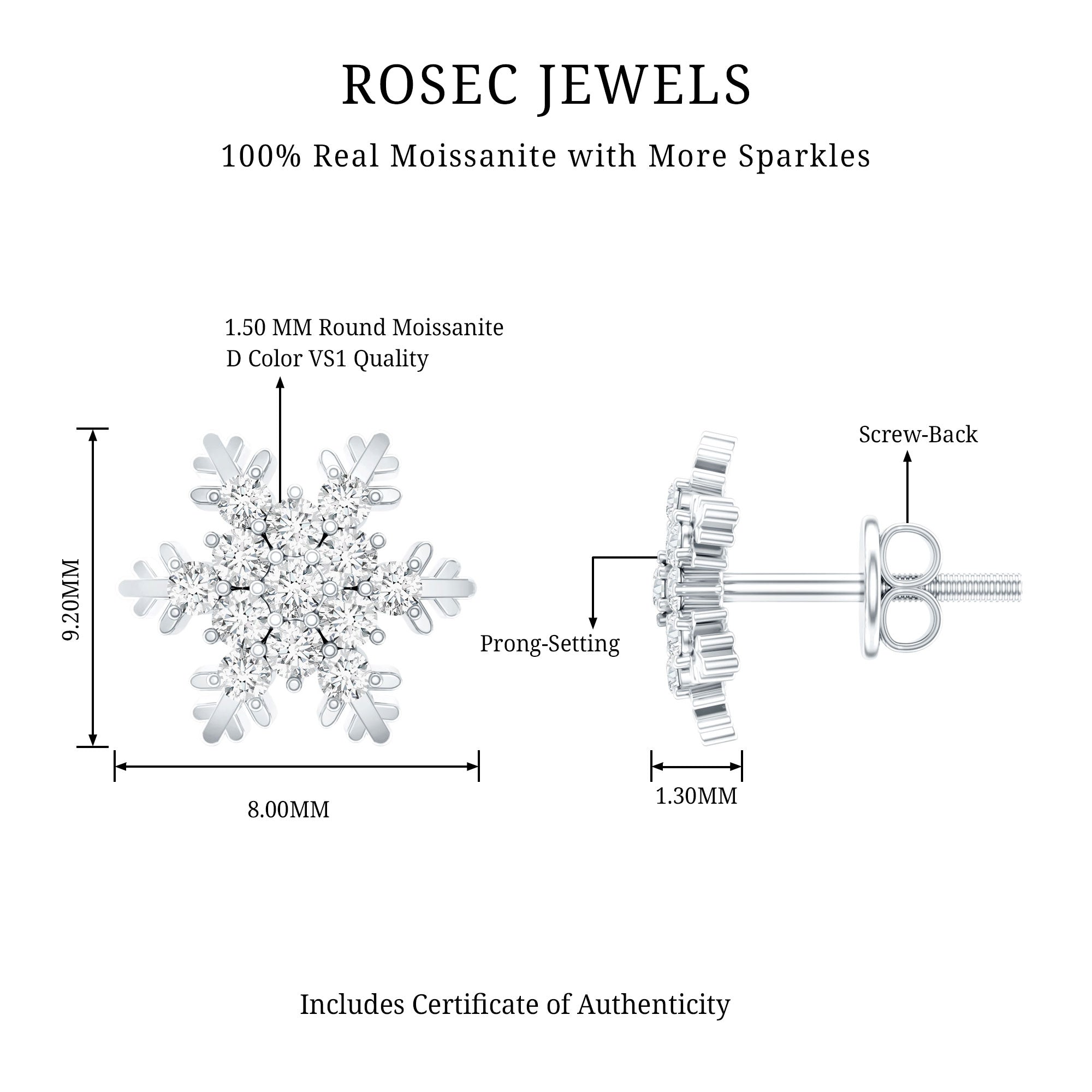 Certified Moissanite Winter Snowflake Stud Earrings