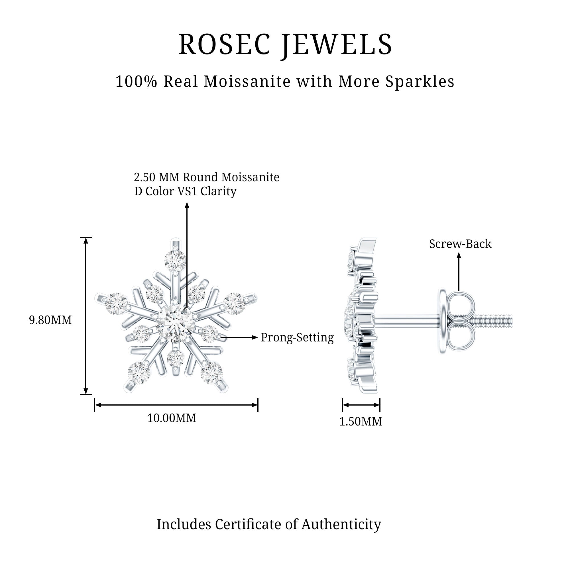 Certified Moissanite Snowflake Stud Earrings for Women