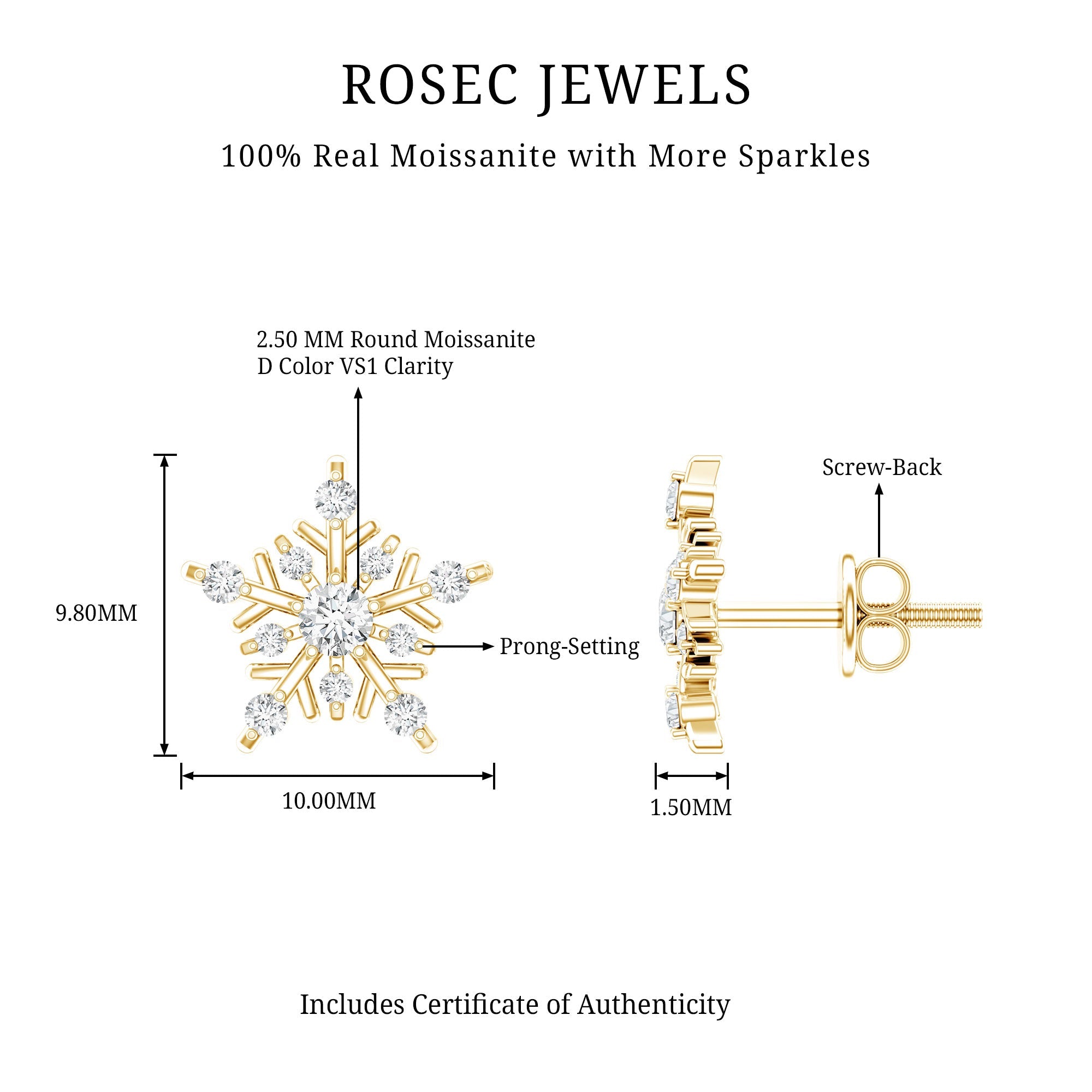 Certified Moissanite Snowflake Stud Earrings for Women