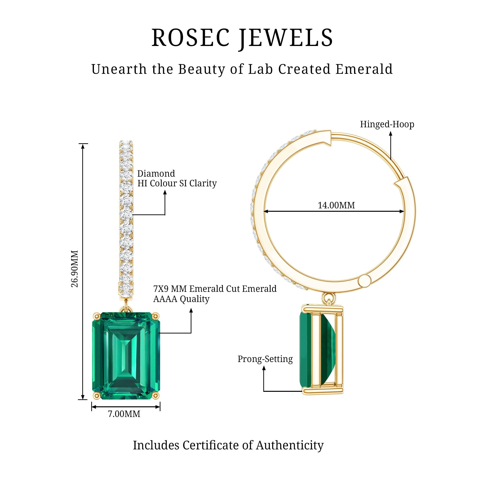 4.6 CT Lab Grown Emerald Hoop Dangle Earrings with Diamond