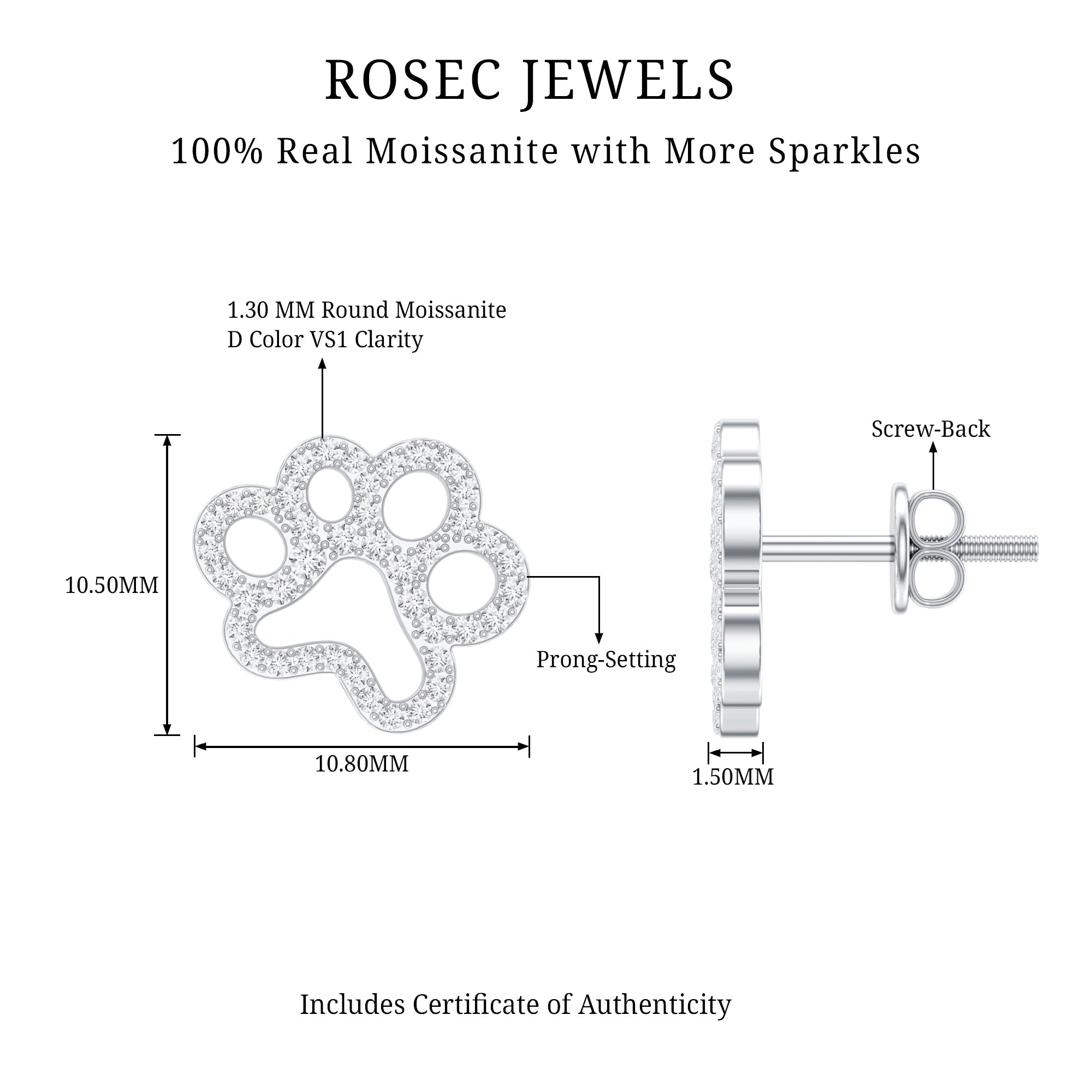 Moissanite Paw Print Earrings With Certificate