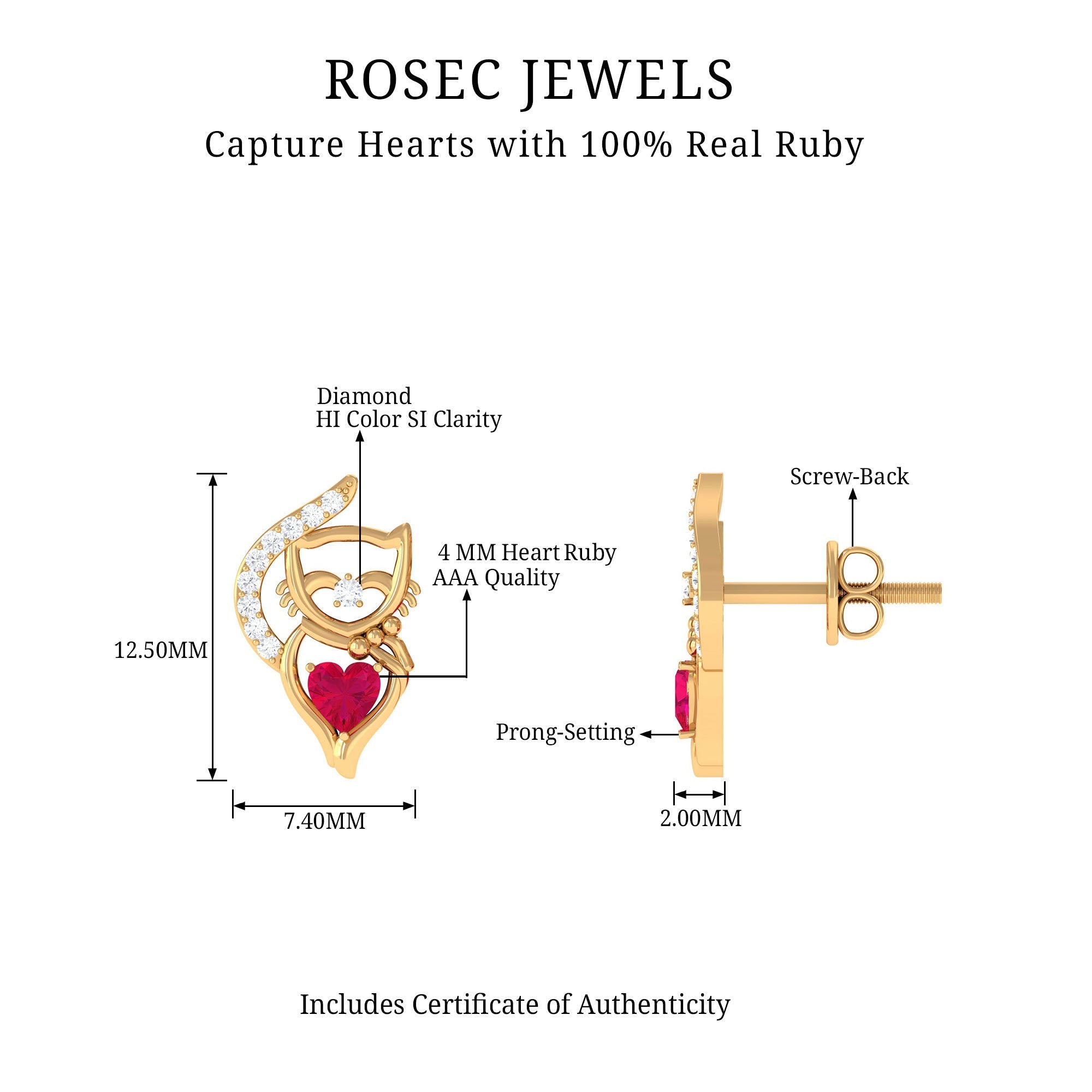 Heart Shape Ruby Cat Stud Earrings with Diamond
