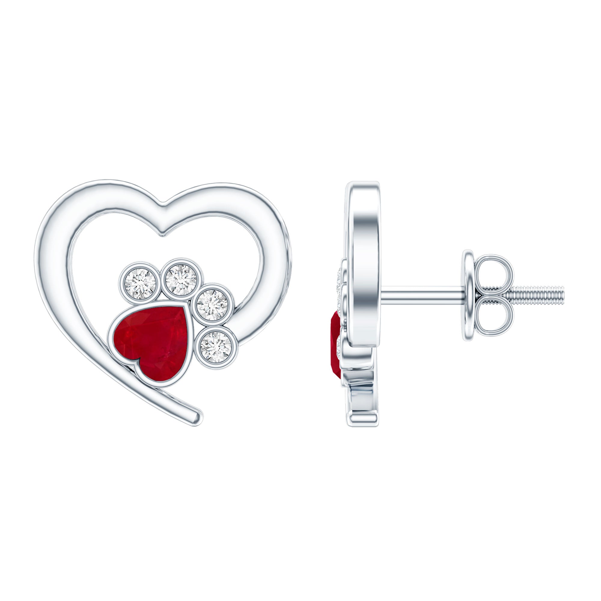 Cute Heart Paw Stud Earrings with Ruby and Diamond