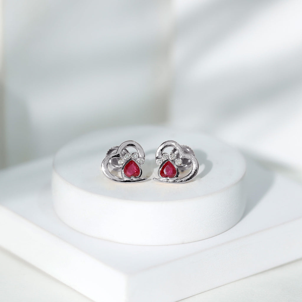Cute Heart Paw Stud Earrings with Ruby and Diamond